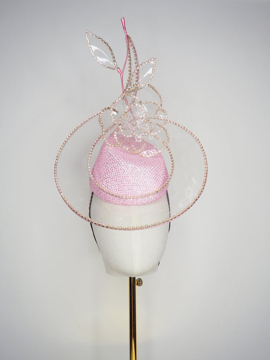 Belle Époque - pastel pink pillbox featuring a floating crystal rose surrounded by sculptural crystoform metallic swirls.
