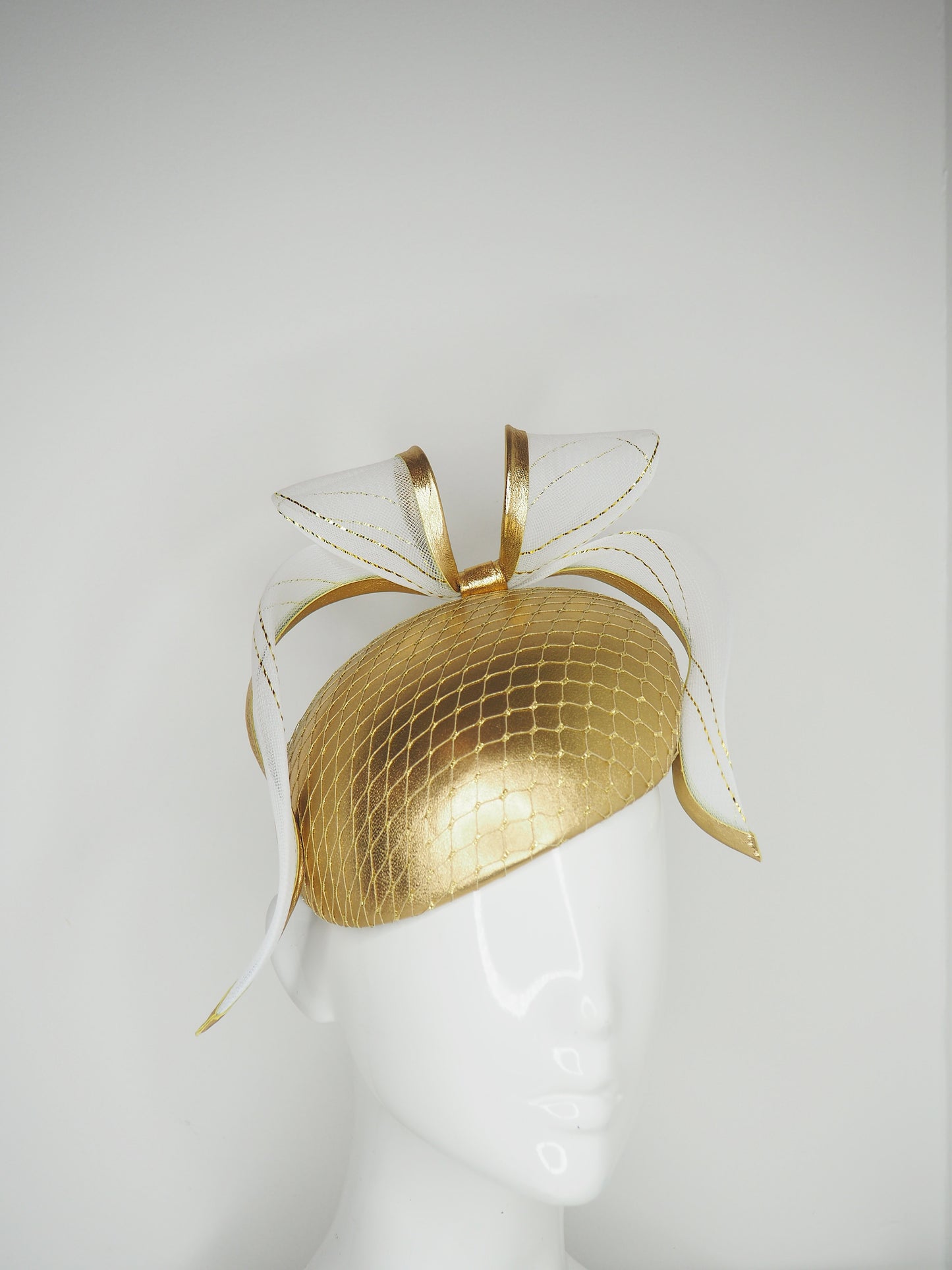Gold and gorgeous - Golden Leather face hugger beret with a leather edged floating crinoline bow