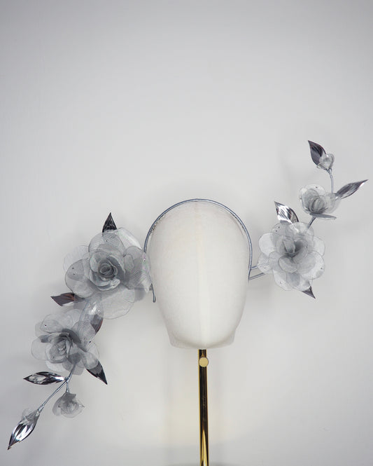 Dewdrops on Roses - Couture wraparound headpiece of sculptural silver roses sparkling with crystal dewdrops.