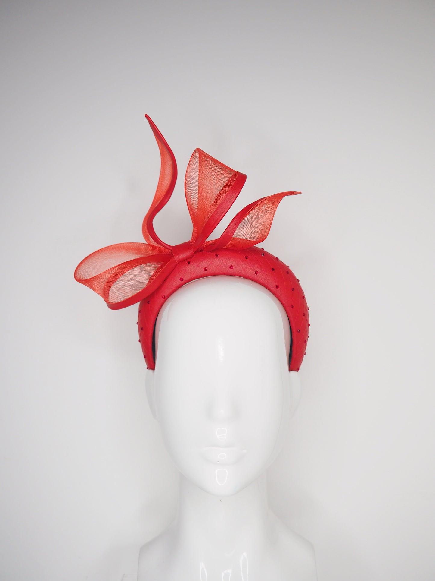 Little Bow Peep  - Red Leather 3d headband with leather edged bow and crystal detail