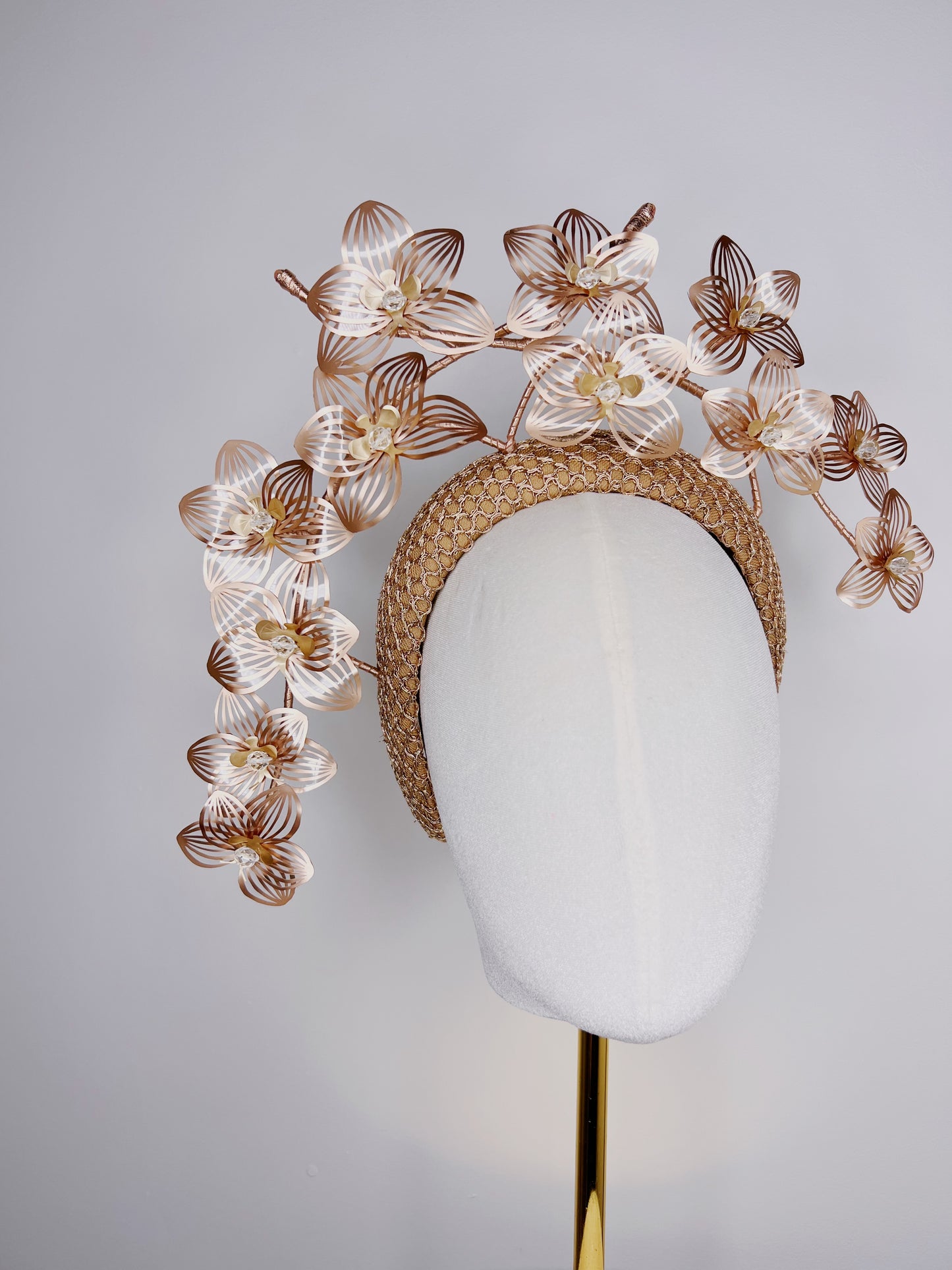 Rose Gold Glory -  Rose gold and gold 3d headband with crystoform orchid cascade
