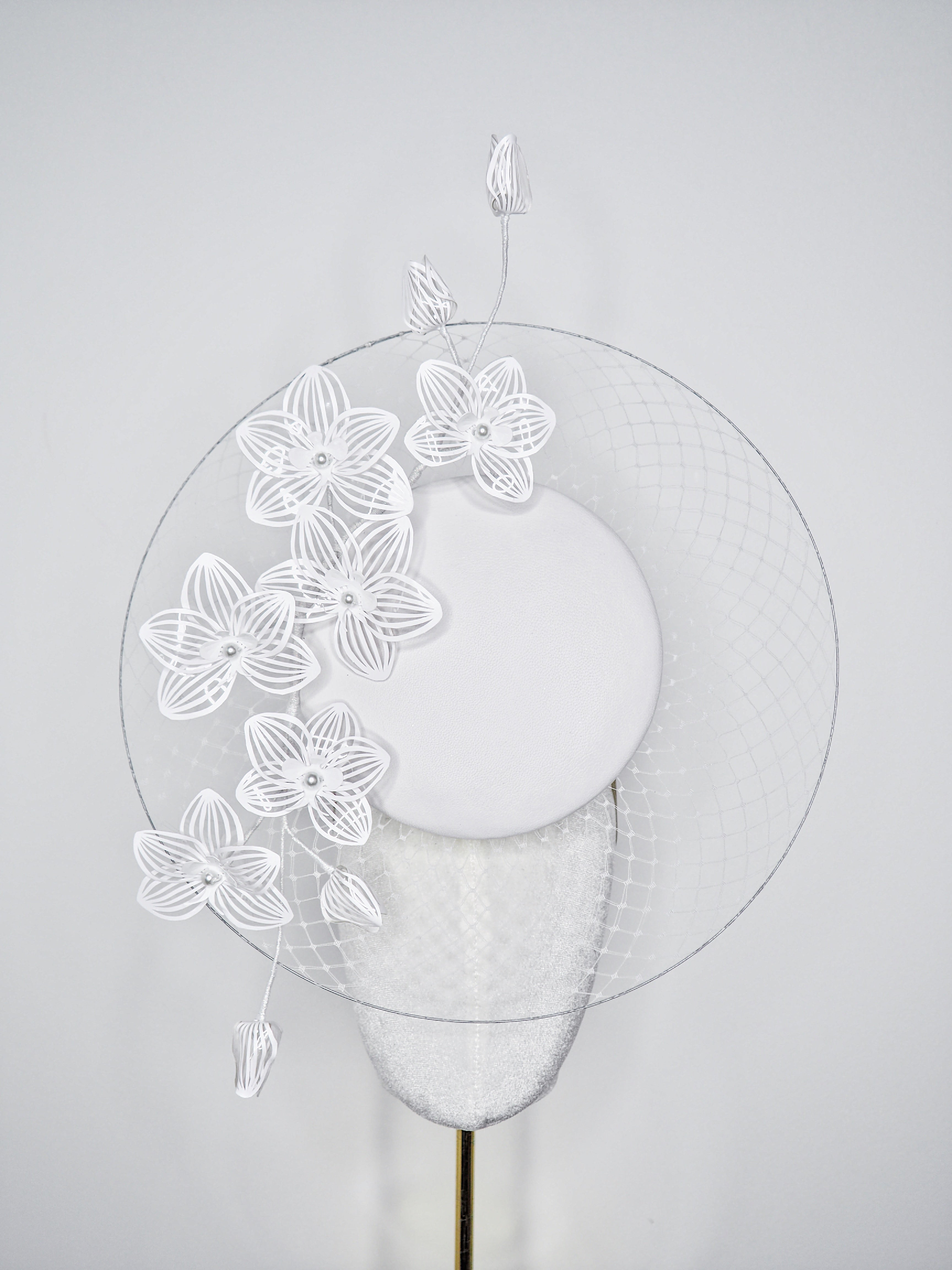 Orchid Whisper Veil Percher - Veiled brim white leather percher with c ...