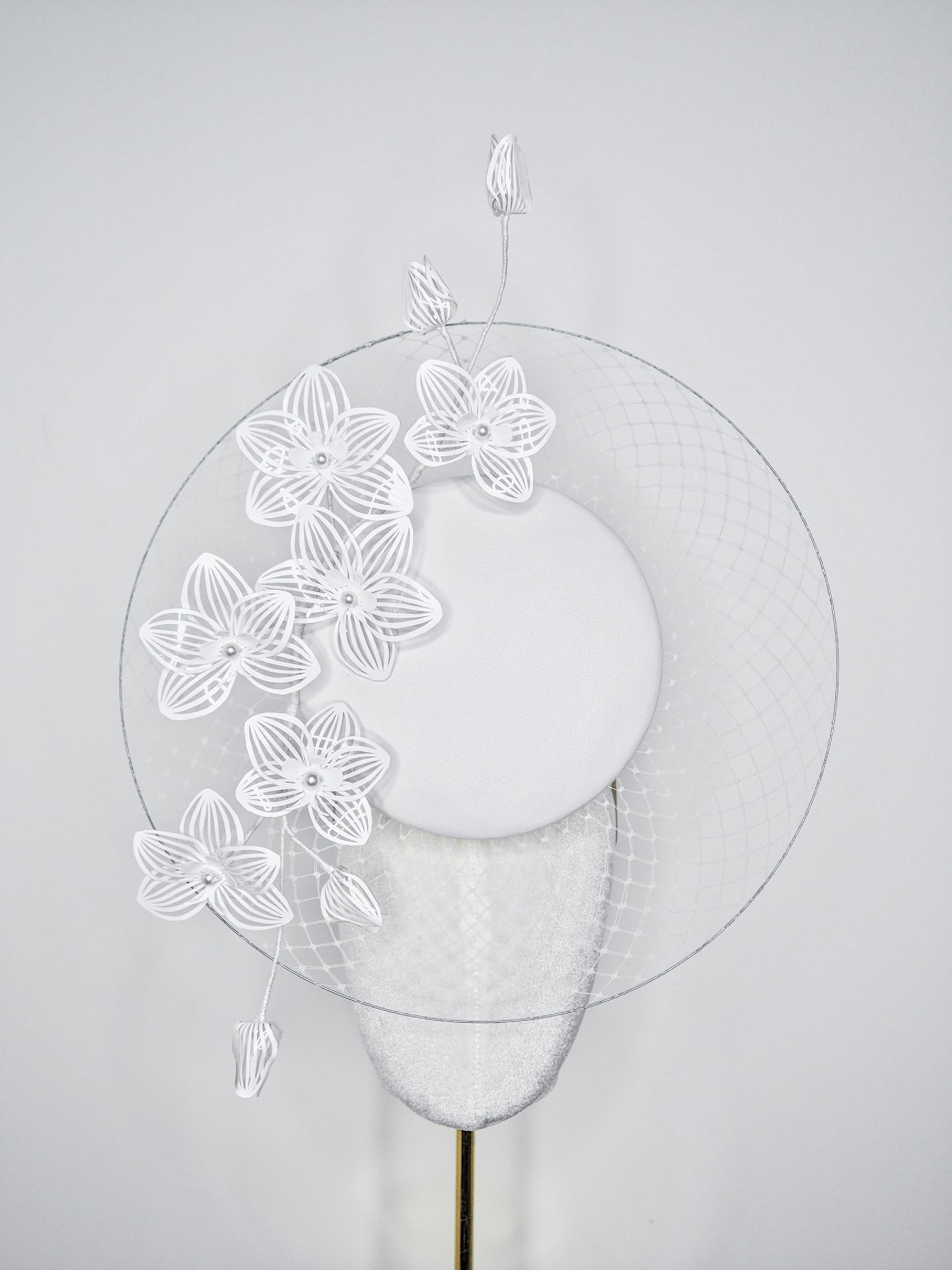 Orchid Whisper Veil Percher - Veiled brim white leather percher with crystoform orchids