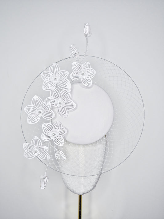 Orchid Whisper Veil Percher - Veiled brim white leather percher with crystoform orchids