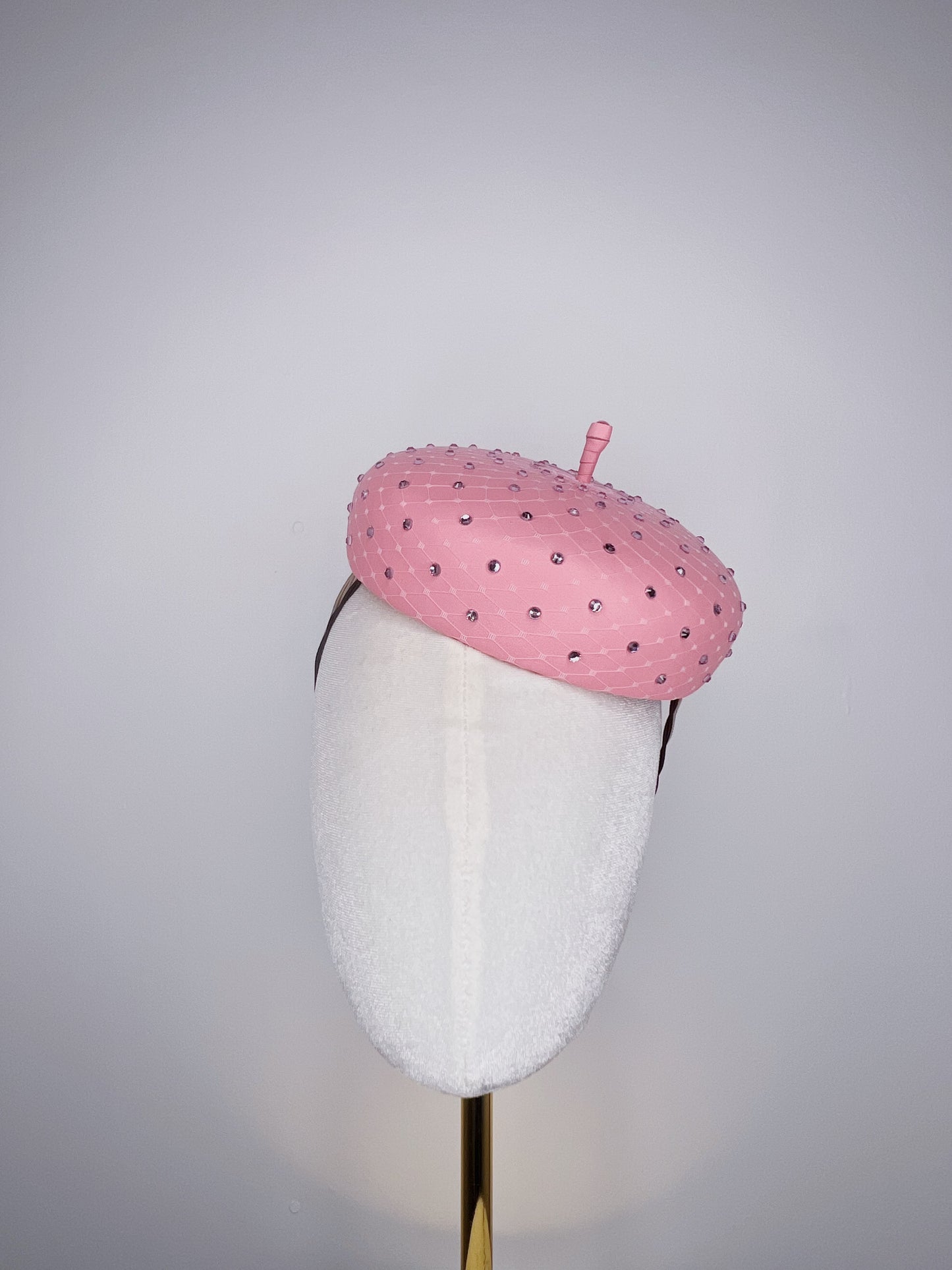 Glitz and glam - Leather button beret with crystals - baby pink