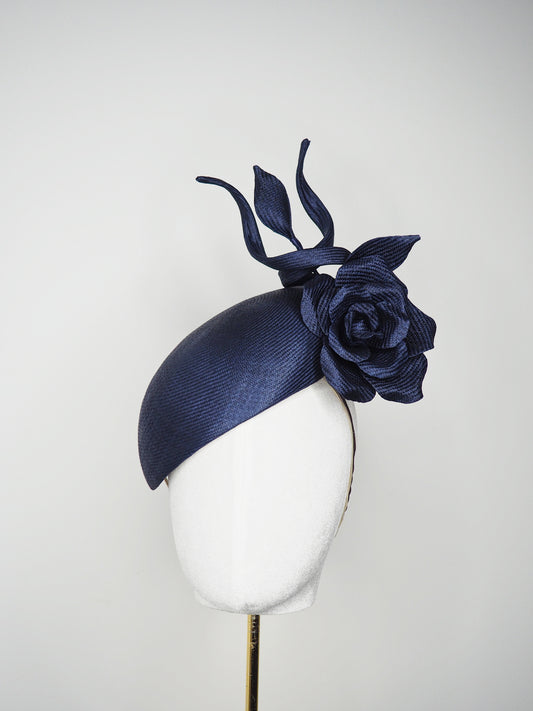 Ink in Bloom - ultra fine vintage Ink navy Blue straw headpiece with hand-sculpted rose and wired swirls