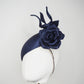 Ink in Bloom - ultra fine vintage Ink navy Blue straw headpiece with hand-sculpted rose and wired swirls