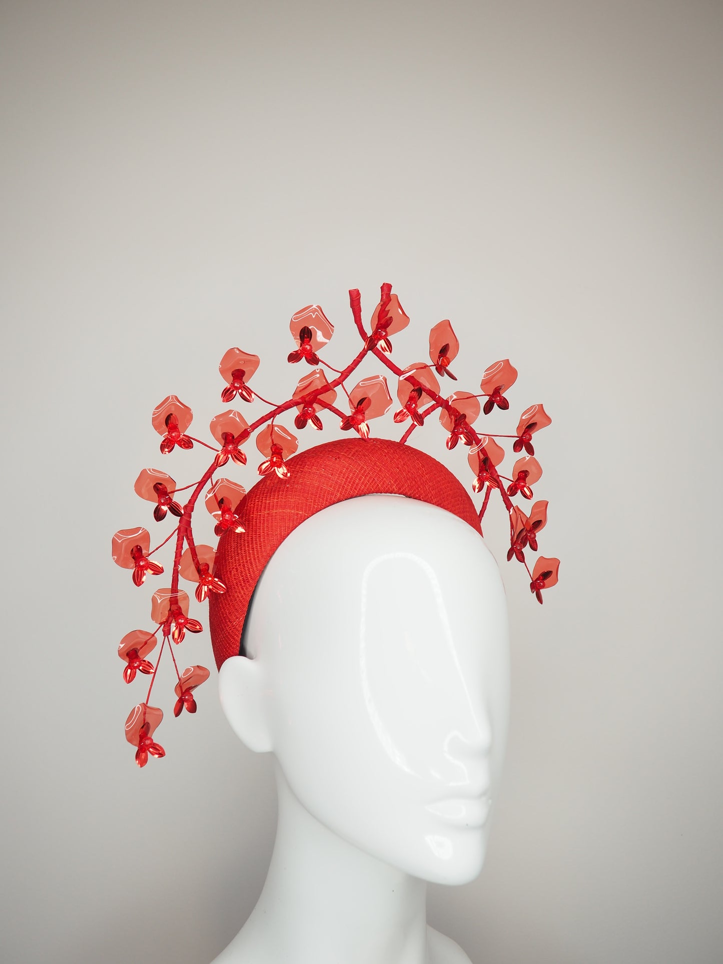 Scarletta - Red tinilac straw 3D headband with draping crystoform wisteria flowers