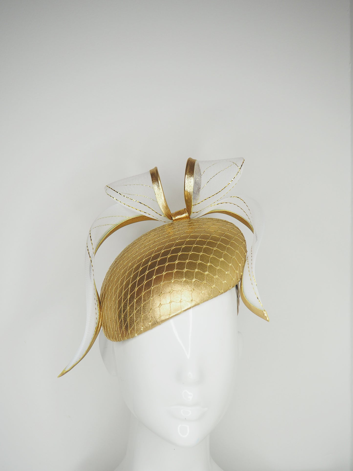 Gold and gorgeous - Golden Leather face hugger beret with a leather edged floating crinoline bow