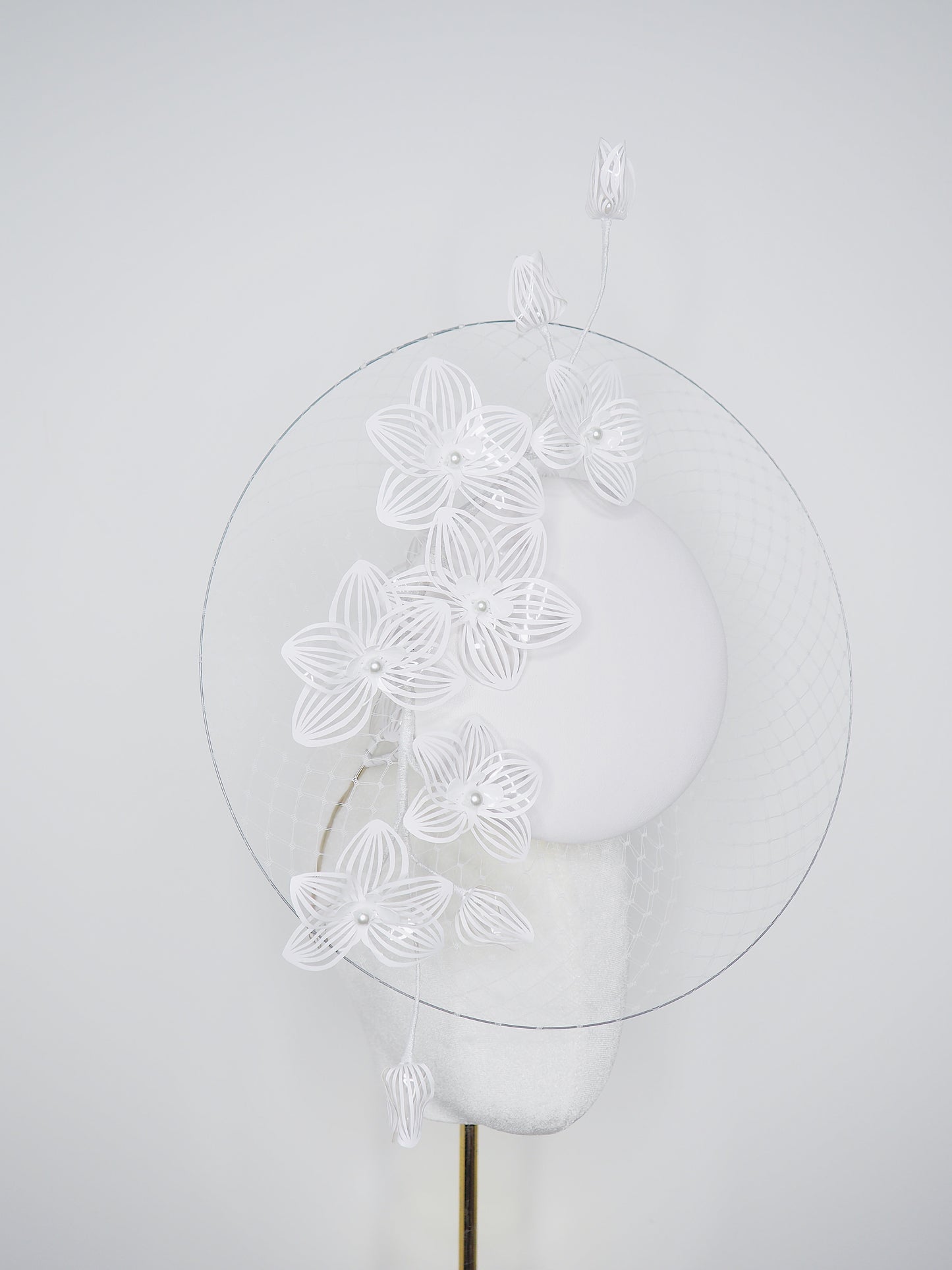Orchid Whisper Veil Percher - Veiled brim white leather percher with crystoform orchids
