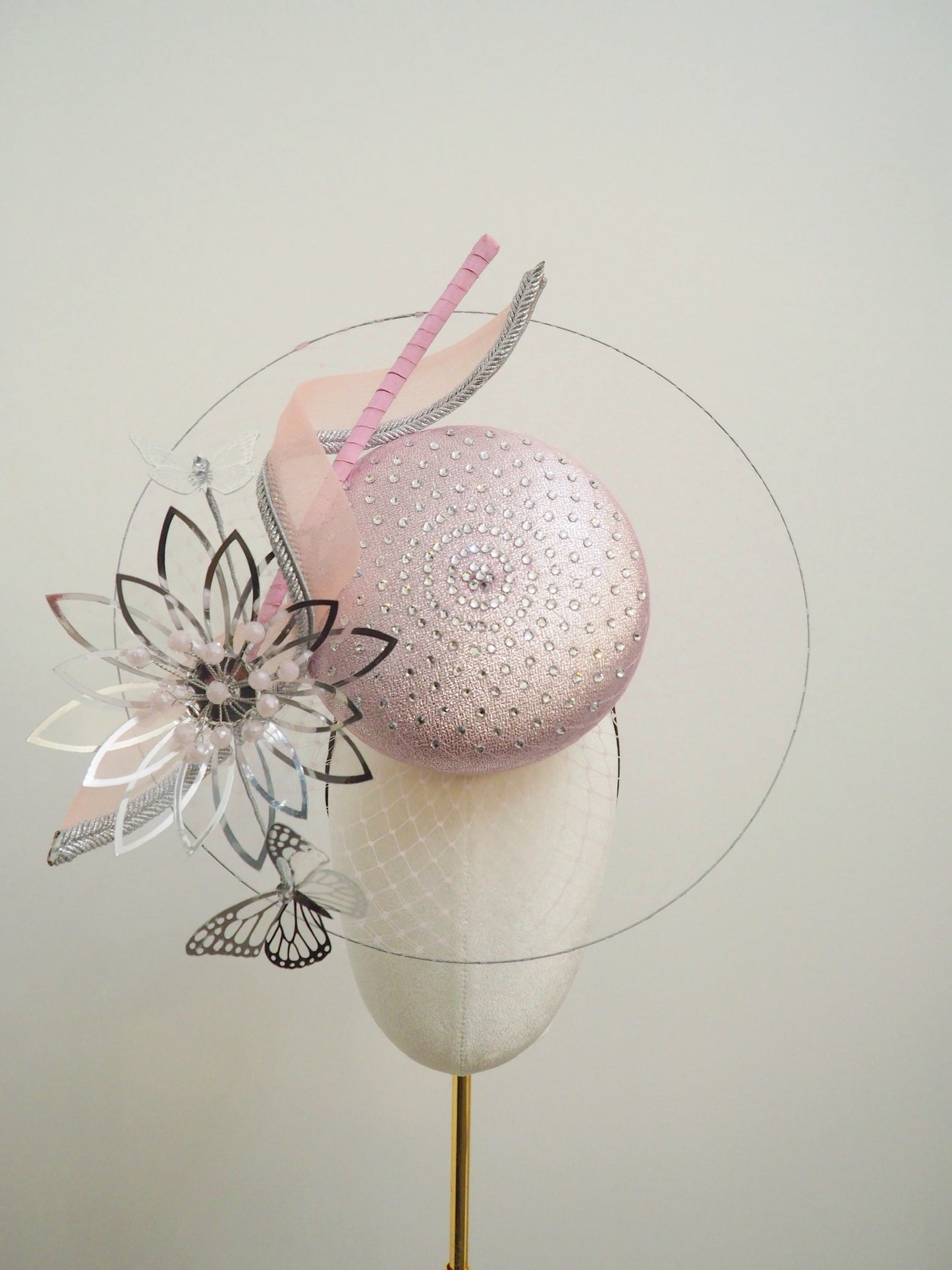 Gently does it - Baby pink veilled percher with silver butterflies and flower detail