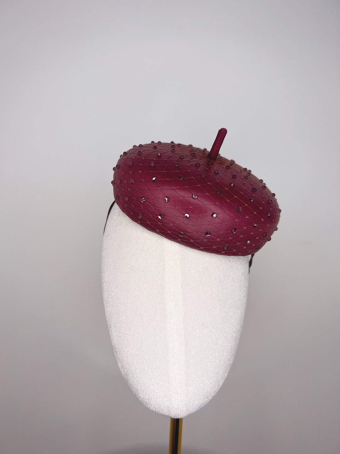 Glitz and glam - Leather button beret with crystals - Maroon