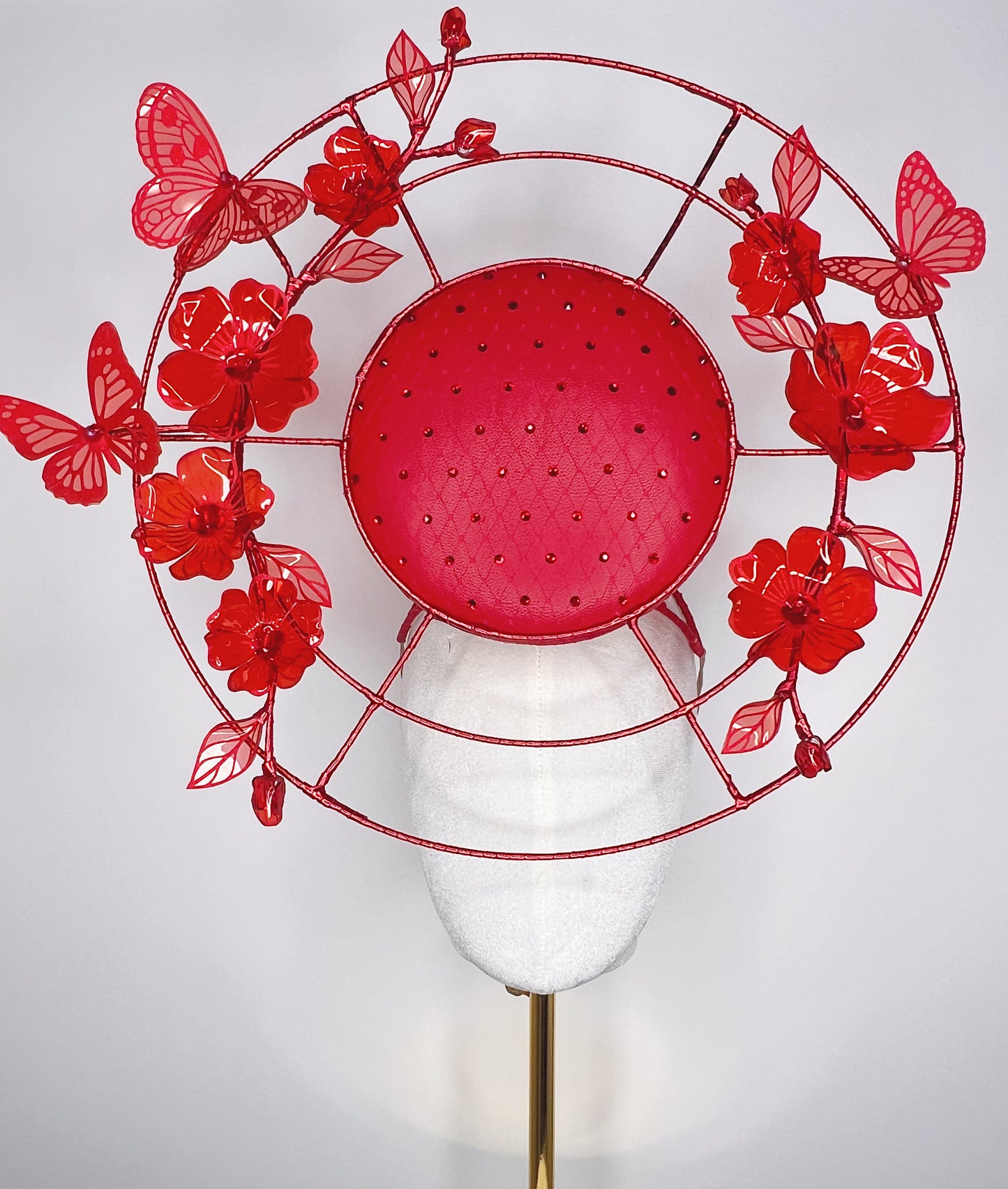 Crimson Dream - Red leather percher with wirework, cyrstald and crystofrom flower detail