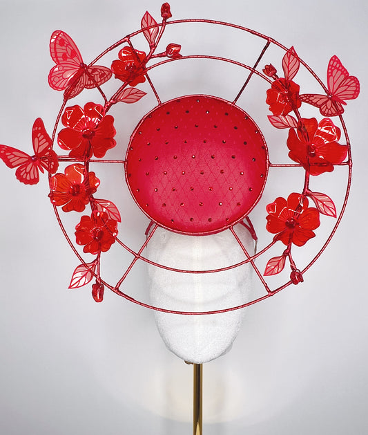 Crimson Dream - Red leather percher with wirework, cyrstald and crystofrom flower detail