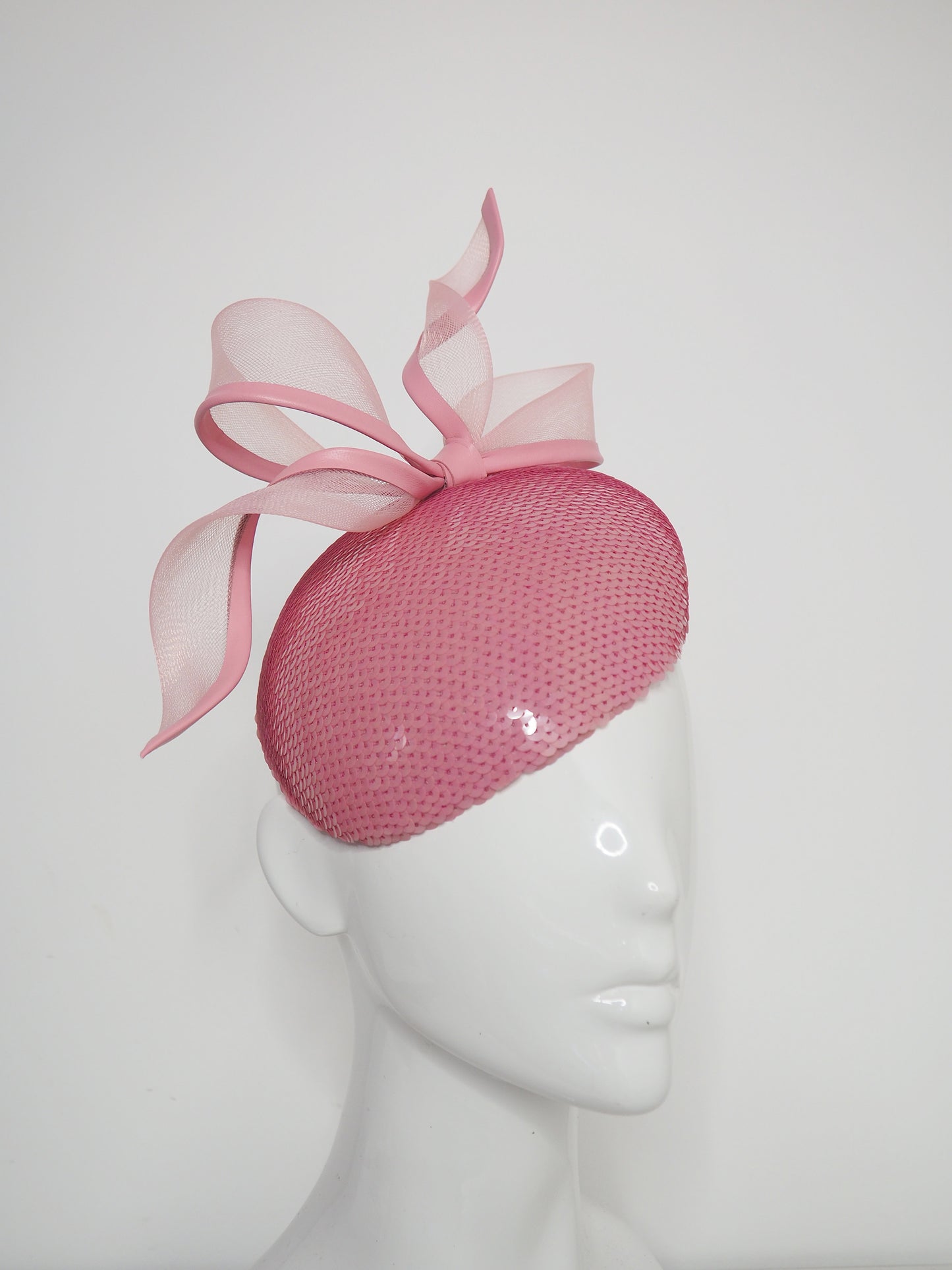 Dusty Rose- Dusty rose hand dyed sequin face hugger beret with pink leather edged crinoline bow.