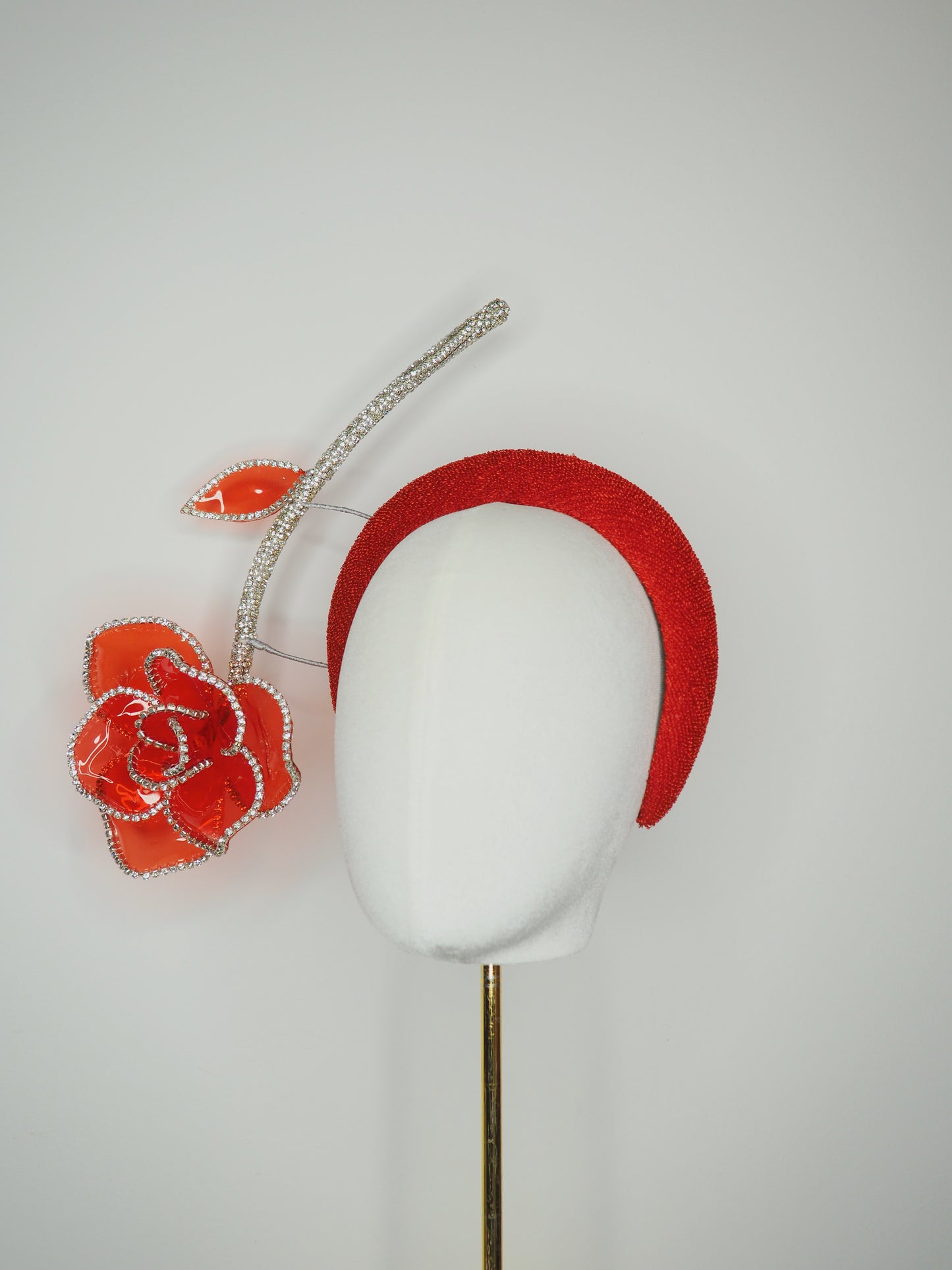 Red Rose Razzle Dazzle - Red vintage cloth 3d headband with red crystoform crystal encrusted floating rose