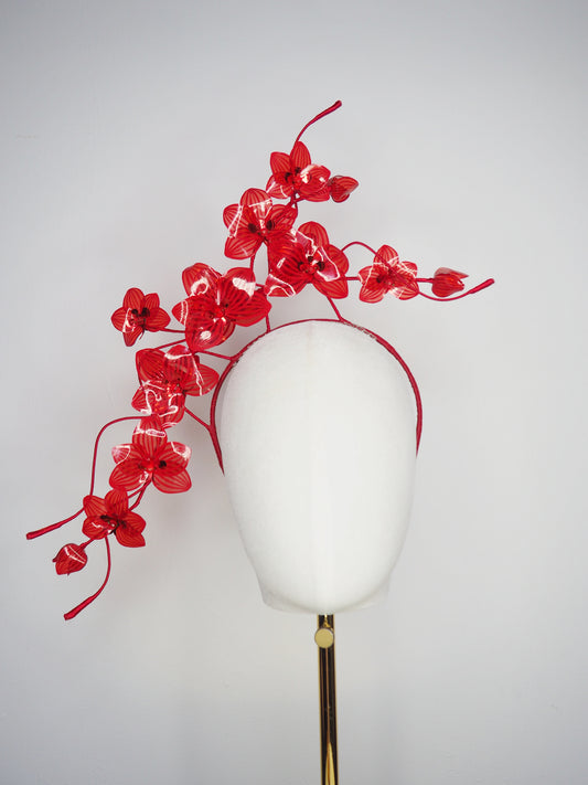 Scarlet Bloom -A dramatic floating orchid headband with sculptural wirework and handcrafted crimson blooms.