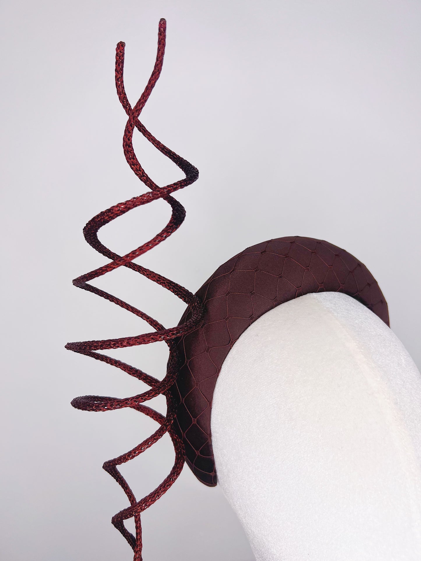Chocolate swirl - Chocolate silk satin 3d headband with wired swirl and veil detail
