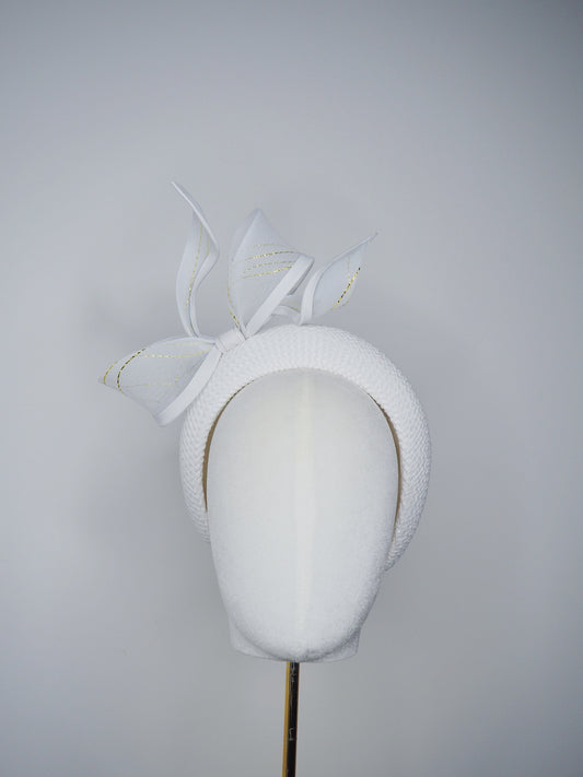 Little Bow Peep  -White cotton and raffia 3d headband with leather gold lurex edged bow