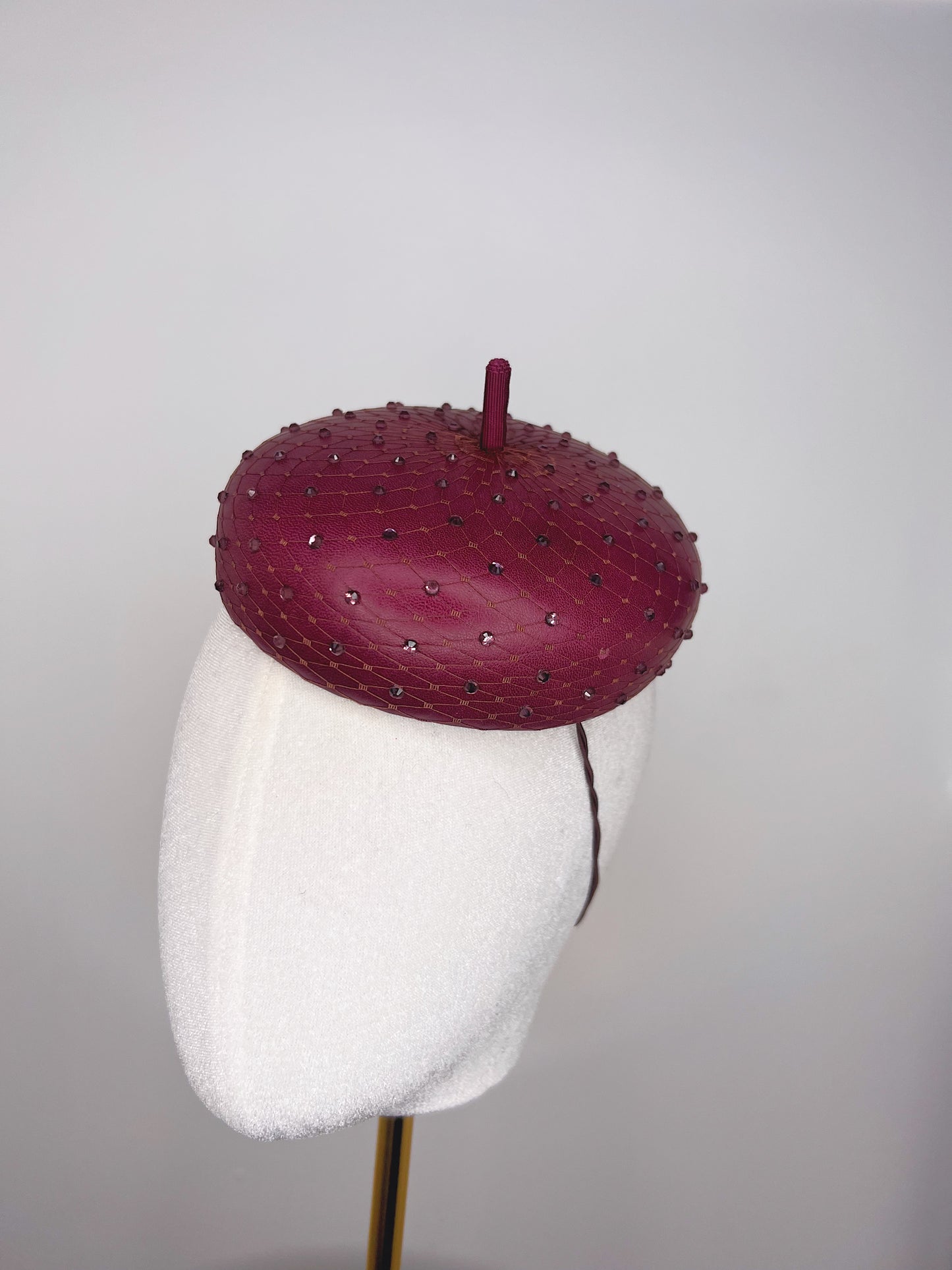 Glitz and glam - Leather button beret with crystals - Maroon