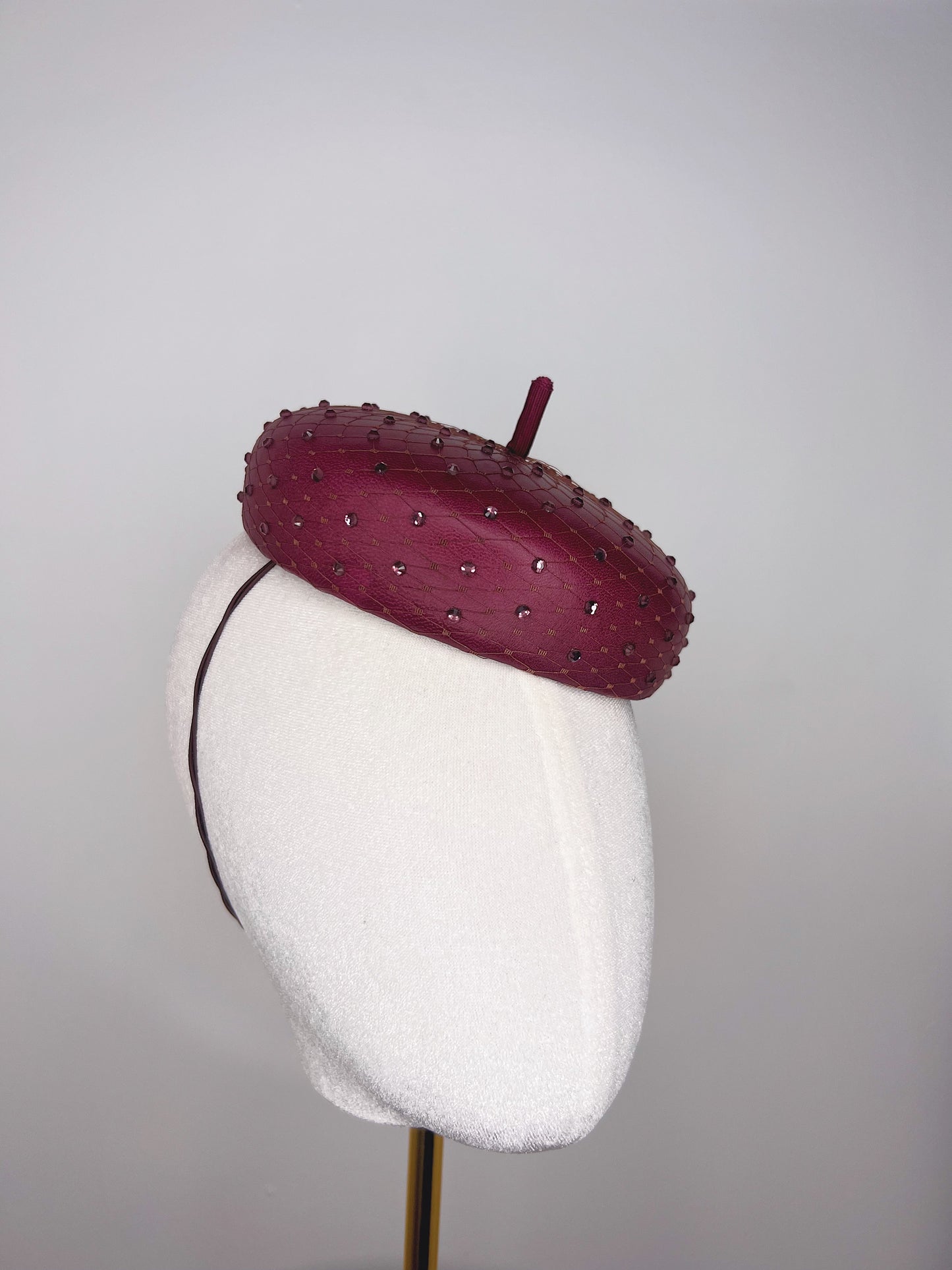 Glitz and glam - Leather button beret with crystals - Maroon