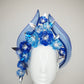 Blue without you - Blue wired headband with crinoline flourish and crystoform flower cascade