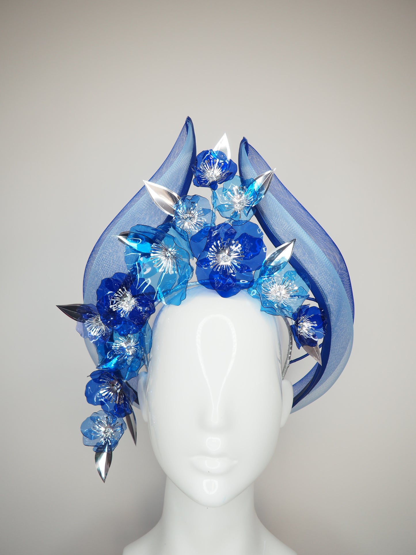 Blue without you - Blue wired headband with crinoline flourish and crystoform flower cascade