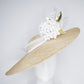 Natural Elegance - Natural knotted straw sloped brim with white hydrangea and gold lurex crinoline straw swirl