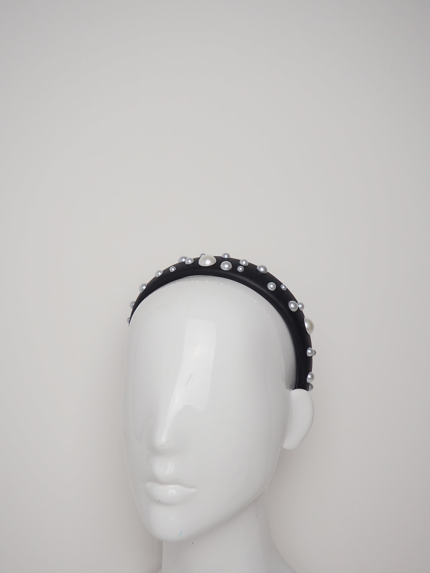 Zoe Pearl - Black Leather padded headband with pearl detail
