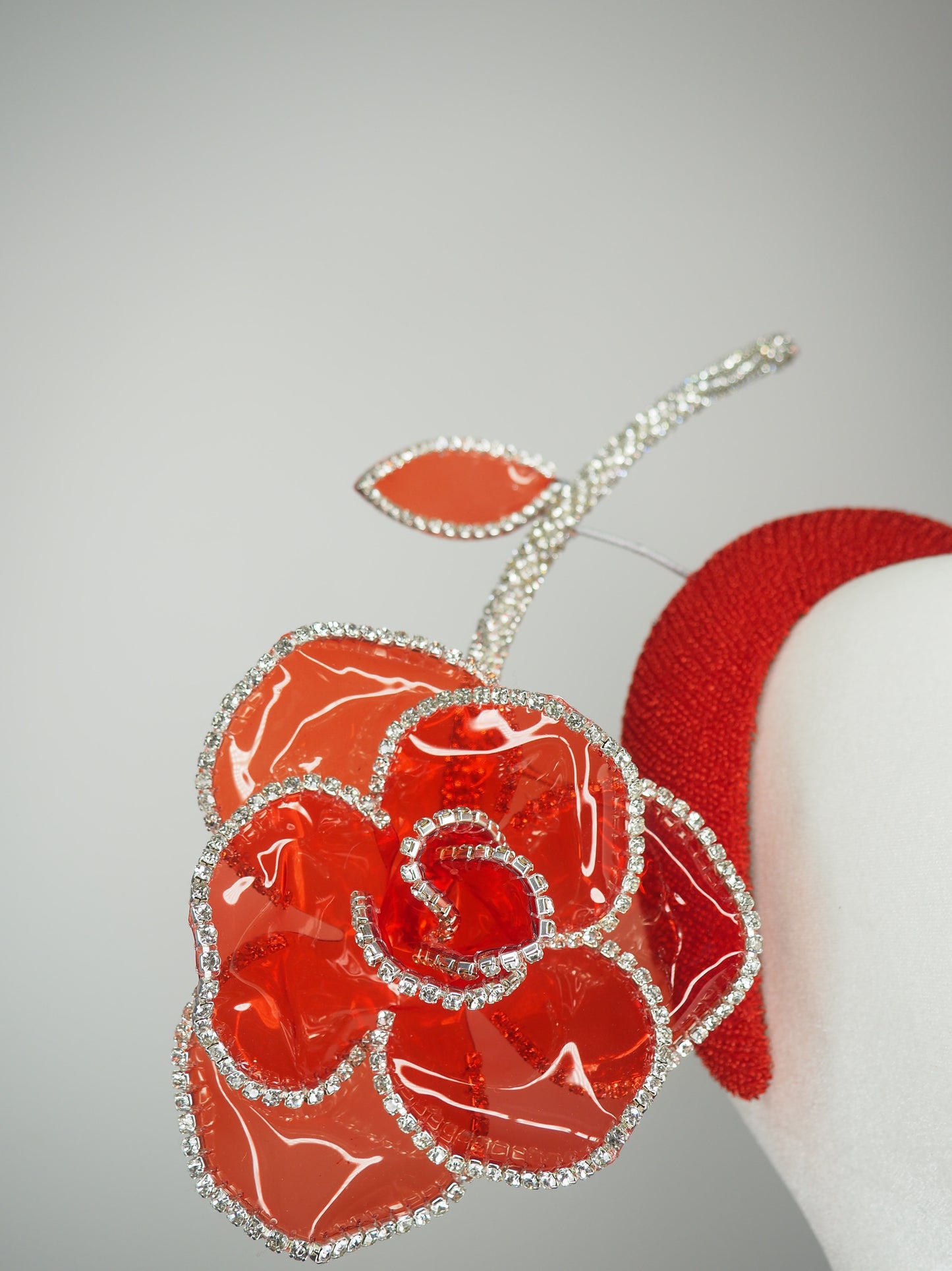 Red Rose Razzle Dazzle - Red vintage cloth 3d headband with red crystoform crystal encrusted floating rose