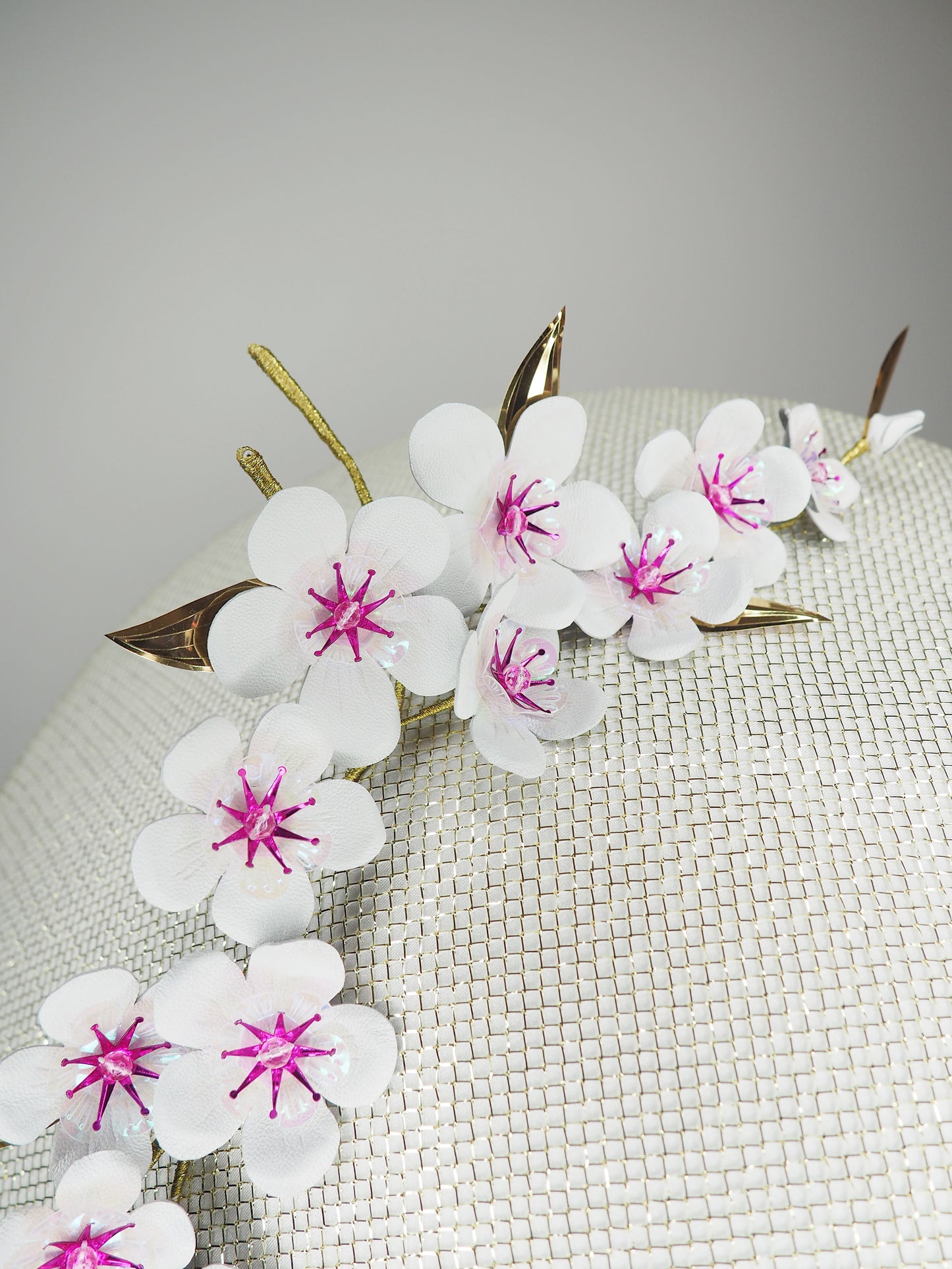 Cherry blossom  - Pale gold and white Coolie Brim with cherry blossom branch and a touch of pink