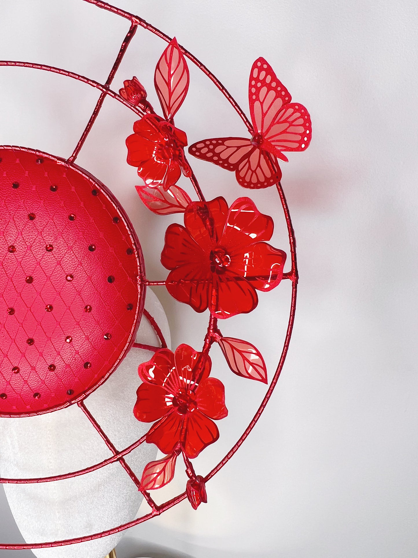 Crimson Dream - Red leather percher with wirework, cyrstald and crystofrom flower detail