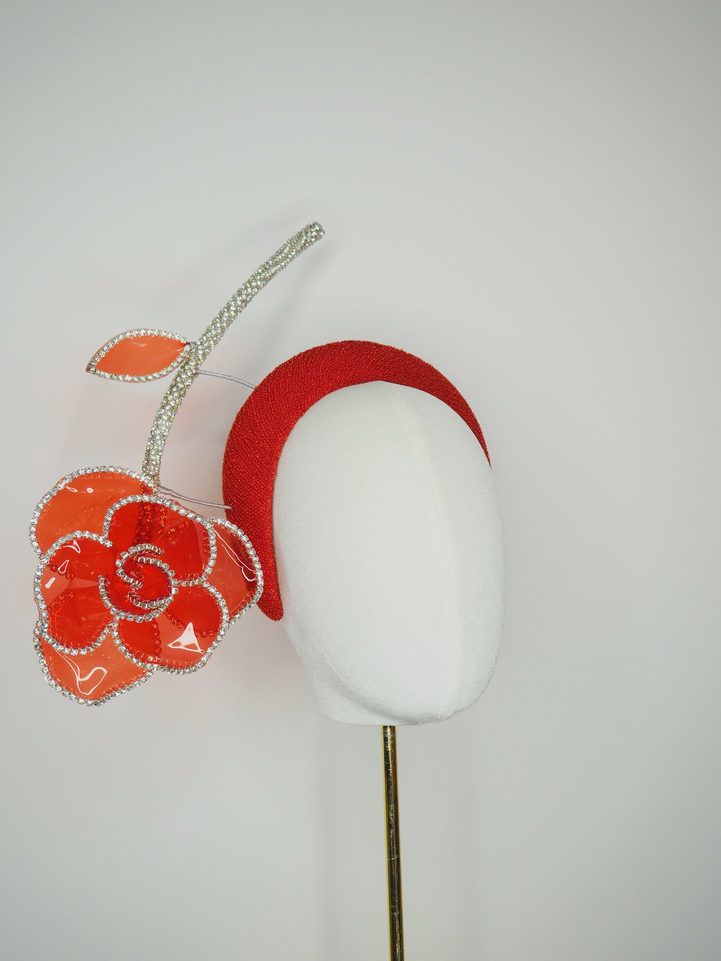 Red Rose Razzle Dazzle - Red vintage cloth 3d headband with red crystoform crystal encrusted floating rose