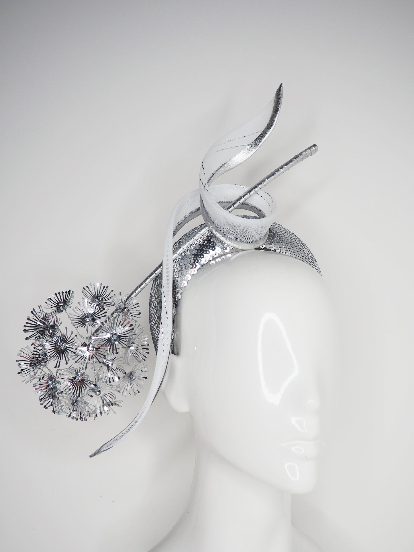 Disco Dandelion - -Silver sequinned 3d Headband with a silver dandelion and crinoline swirl