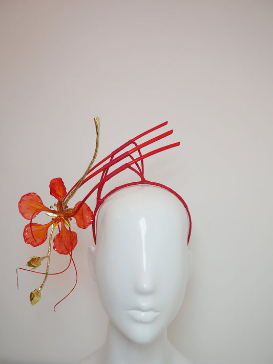 Paint the Town Red - Painted crystoform Flame Tree Bloom with golden buds and a flourish of quills