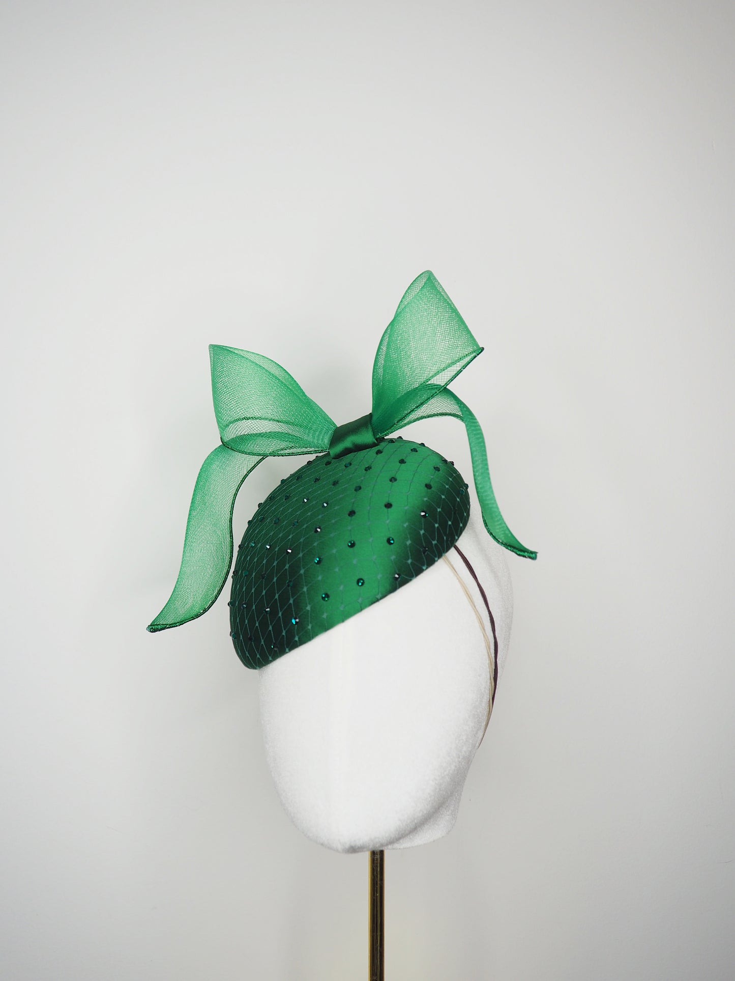 Windswept Miss Emerald -emerald fabric petite tear drop beret with embellished veiling detail and windswept crinoline (Copy)