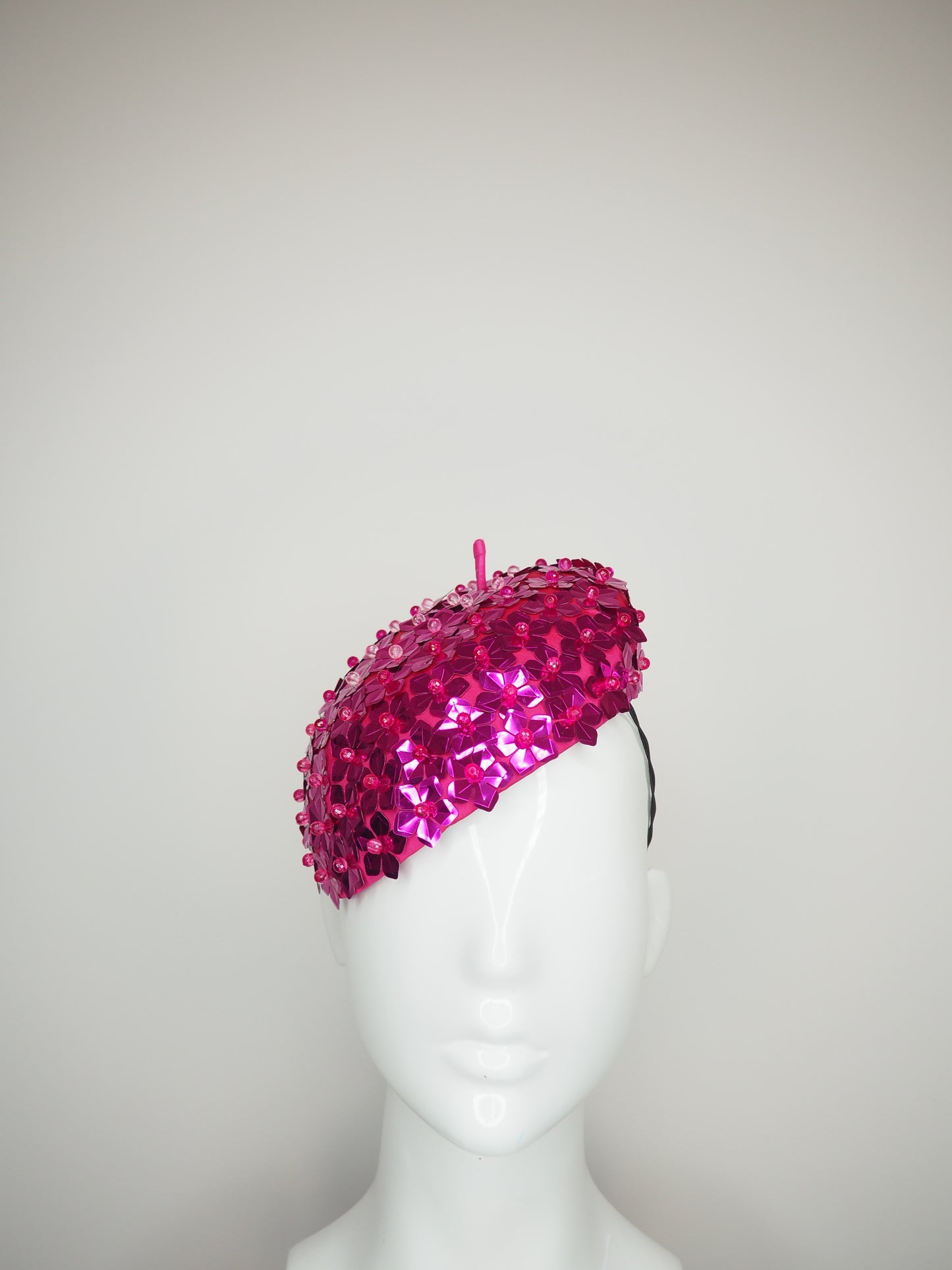 Blossom - Hot Pink -  Hot pink beaded Sequin flower on a fuschia fabric beret