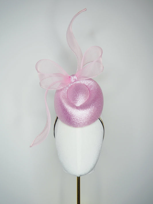 Pastel Polly - Windswept pink metallic fabric pork pie pillbox with a windswept crinoline bow