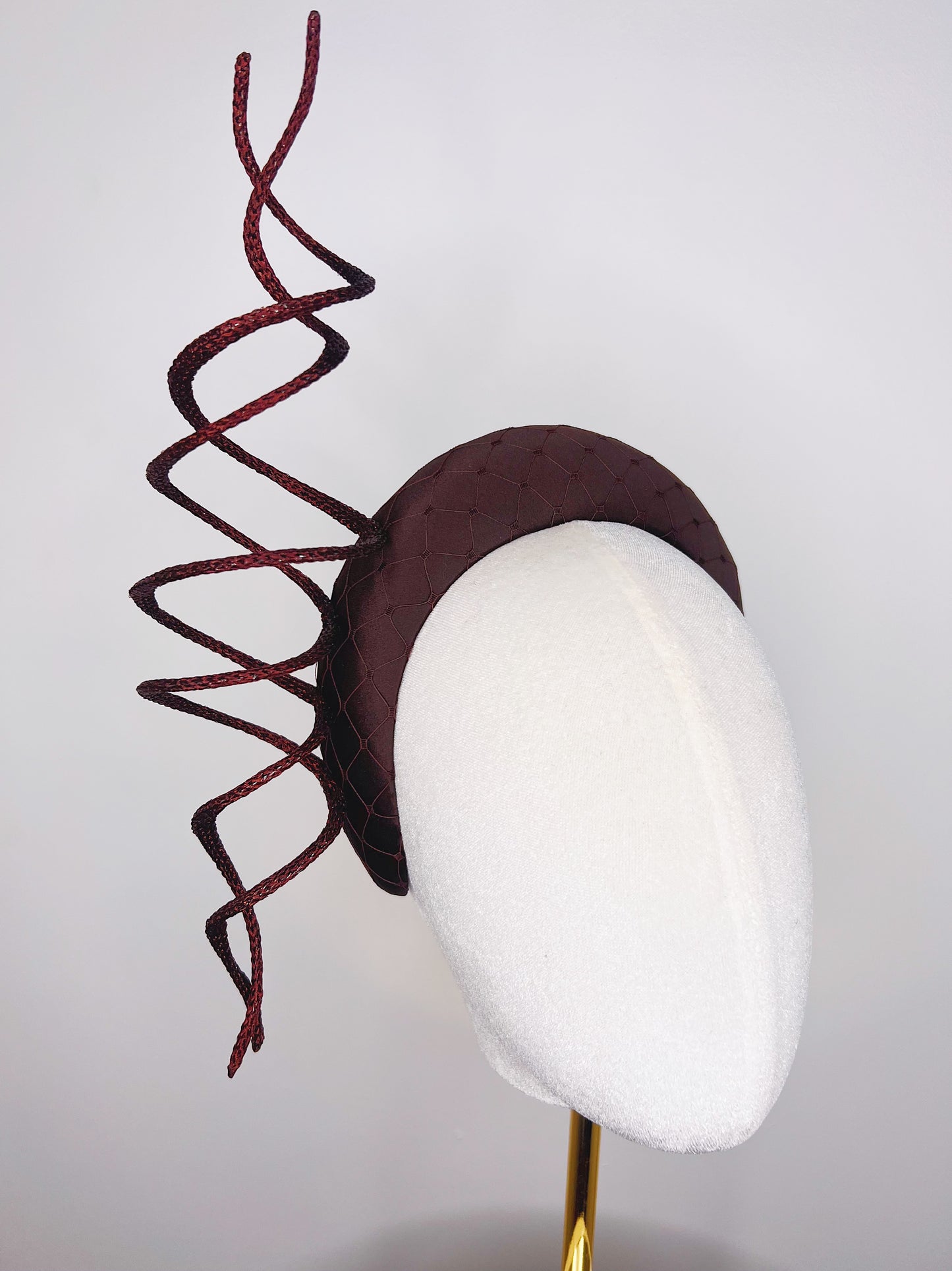 Chocolate swirl - Chocolate silk satin 3d headband with wired swirl and veil detail