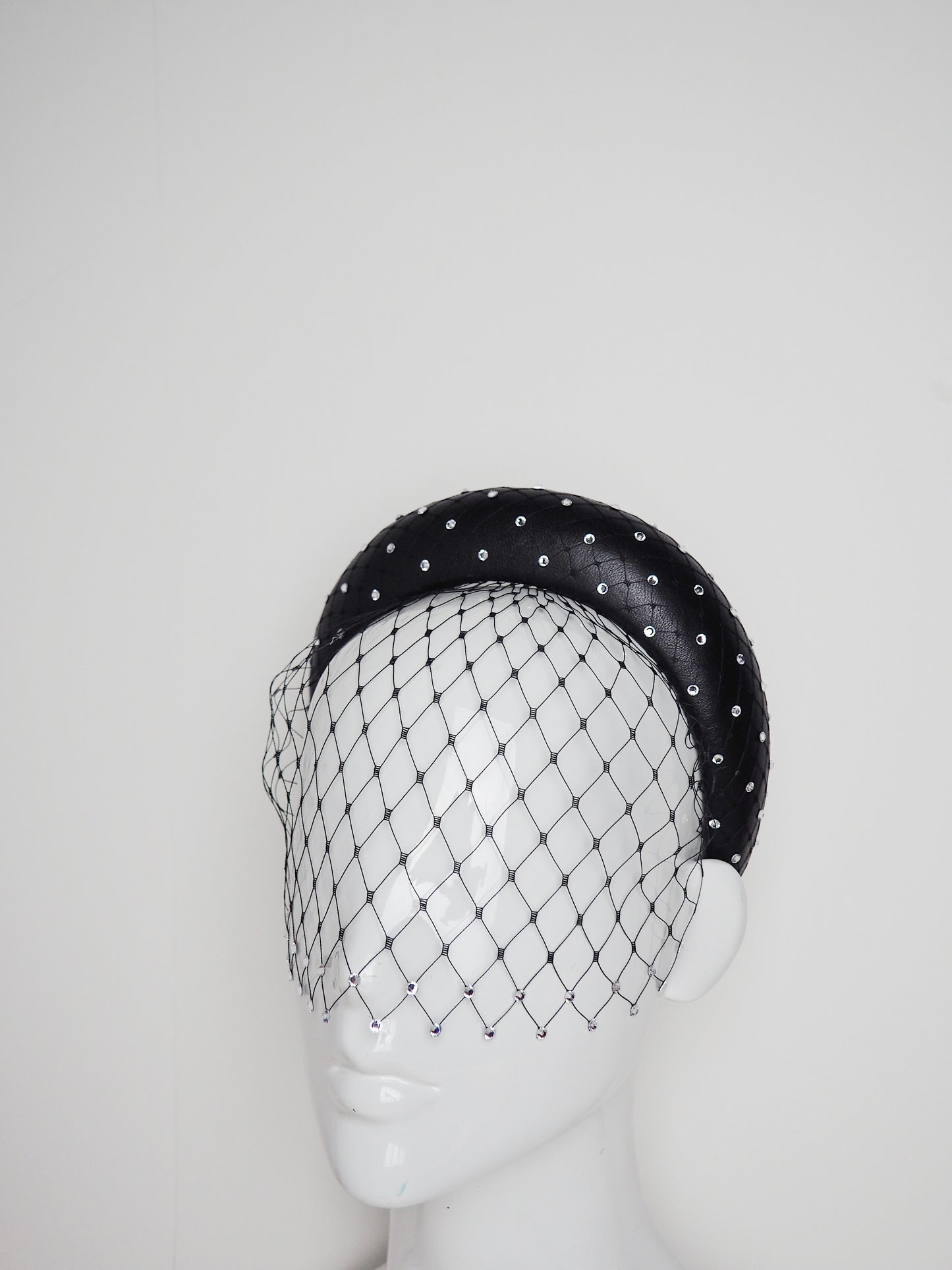 Mia - Sparkle  - Black leather 3d Blocked headband with veil and crystals with removable veil headband