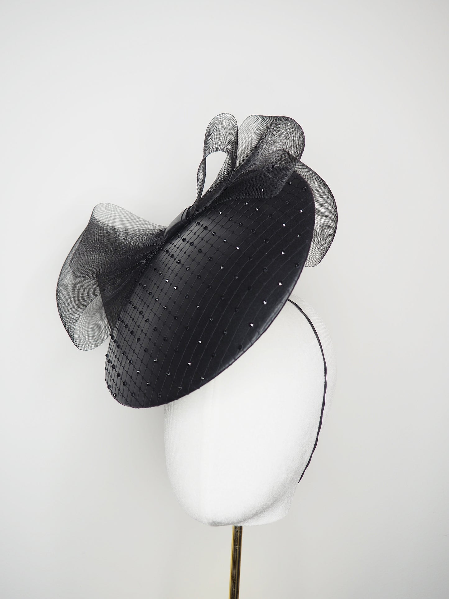 Big Black Bow - Black Floating disc with front and back bow feature and embellished veil