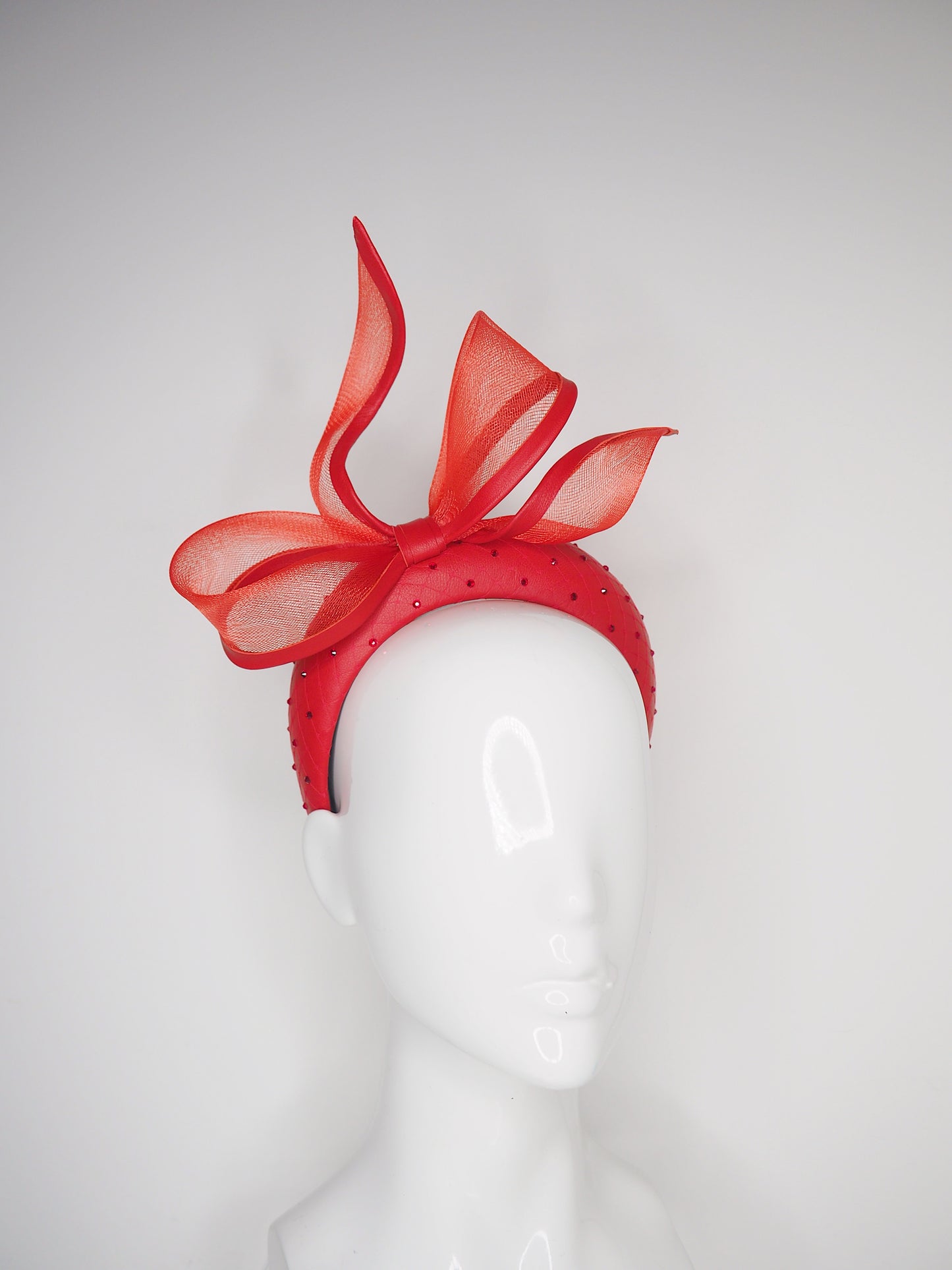 Little Bow Peep  - Red Leather 3d headband with leather edged bow and crystal detail