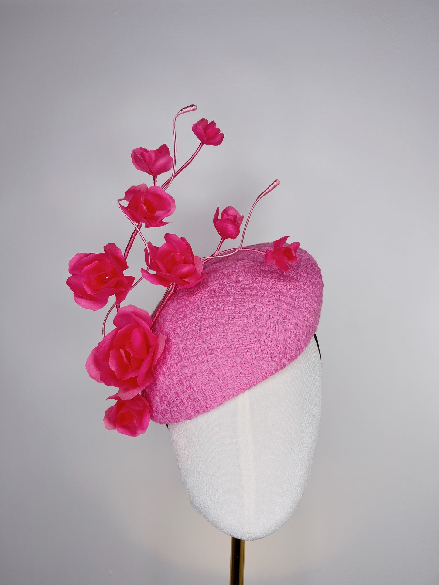 Candy Rose - Candy pink tweed and silk hand tooled rose facehugger beret