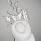 Bow & Grace - white and silver lurex Pork pie pillbox with embellihed crystoform bow