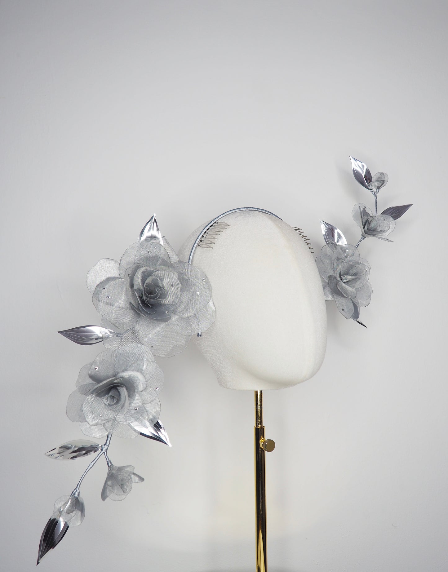 Dewdrops on Roses - Couture wraparound headpiece of sculptural silver roses sparkling with crystal dewdrops.