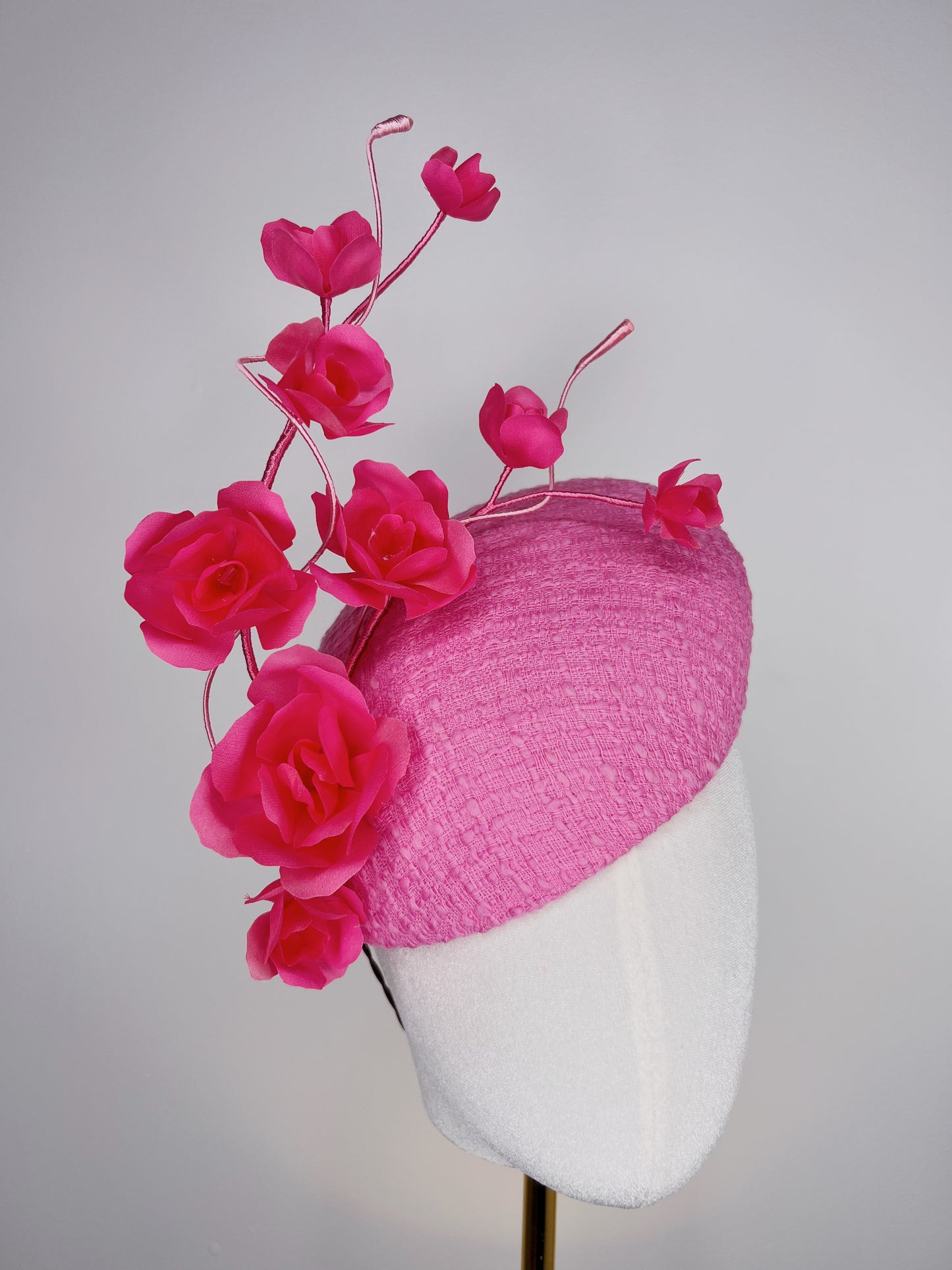 Candy Rose - Candy pink tweed and silk hand tooled rose facehugger beret