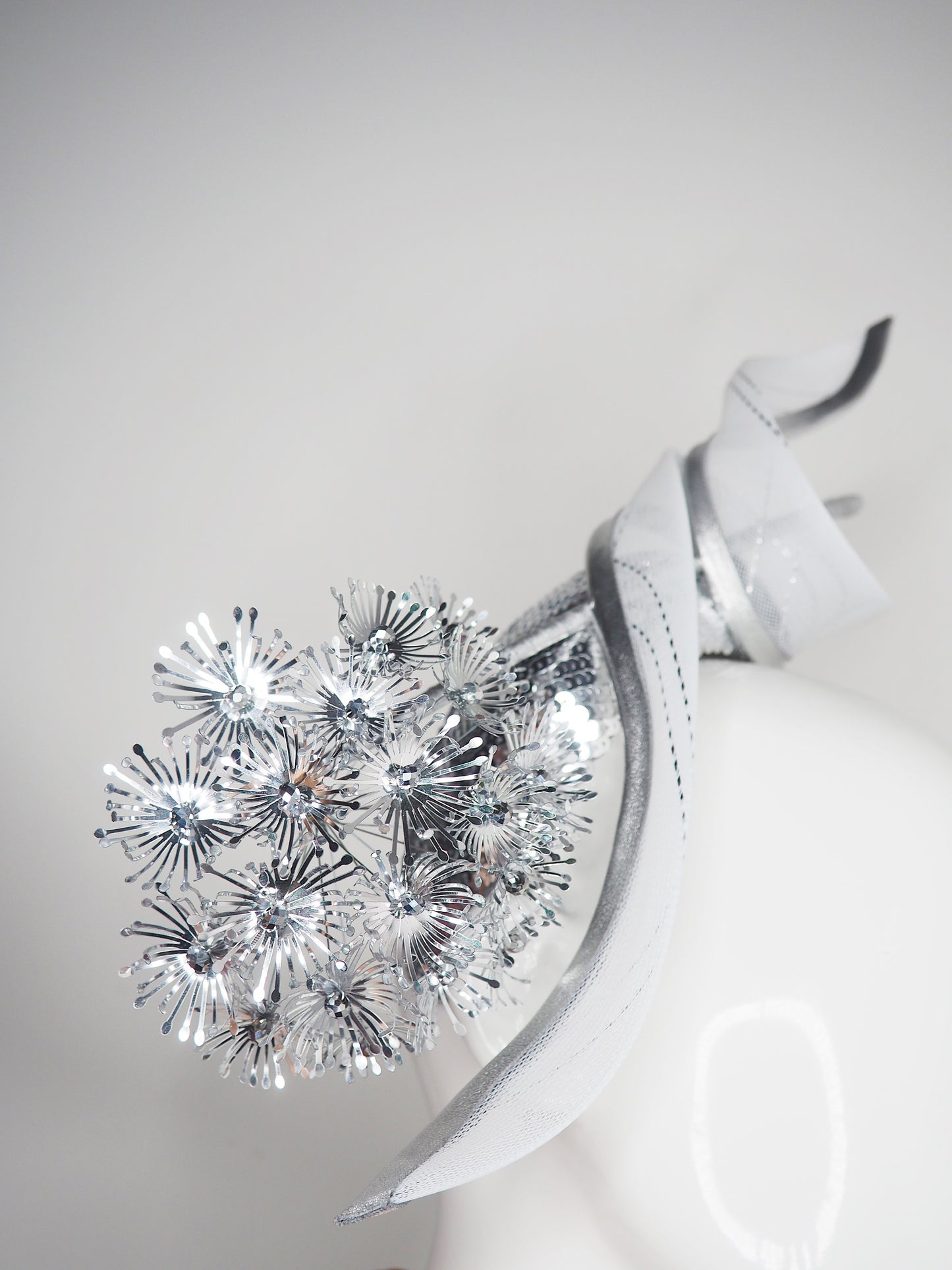 Disco Dandelion - -Silver sequinned 3d Headband with a silver dandelion and crinoline swirl