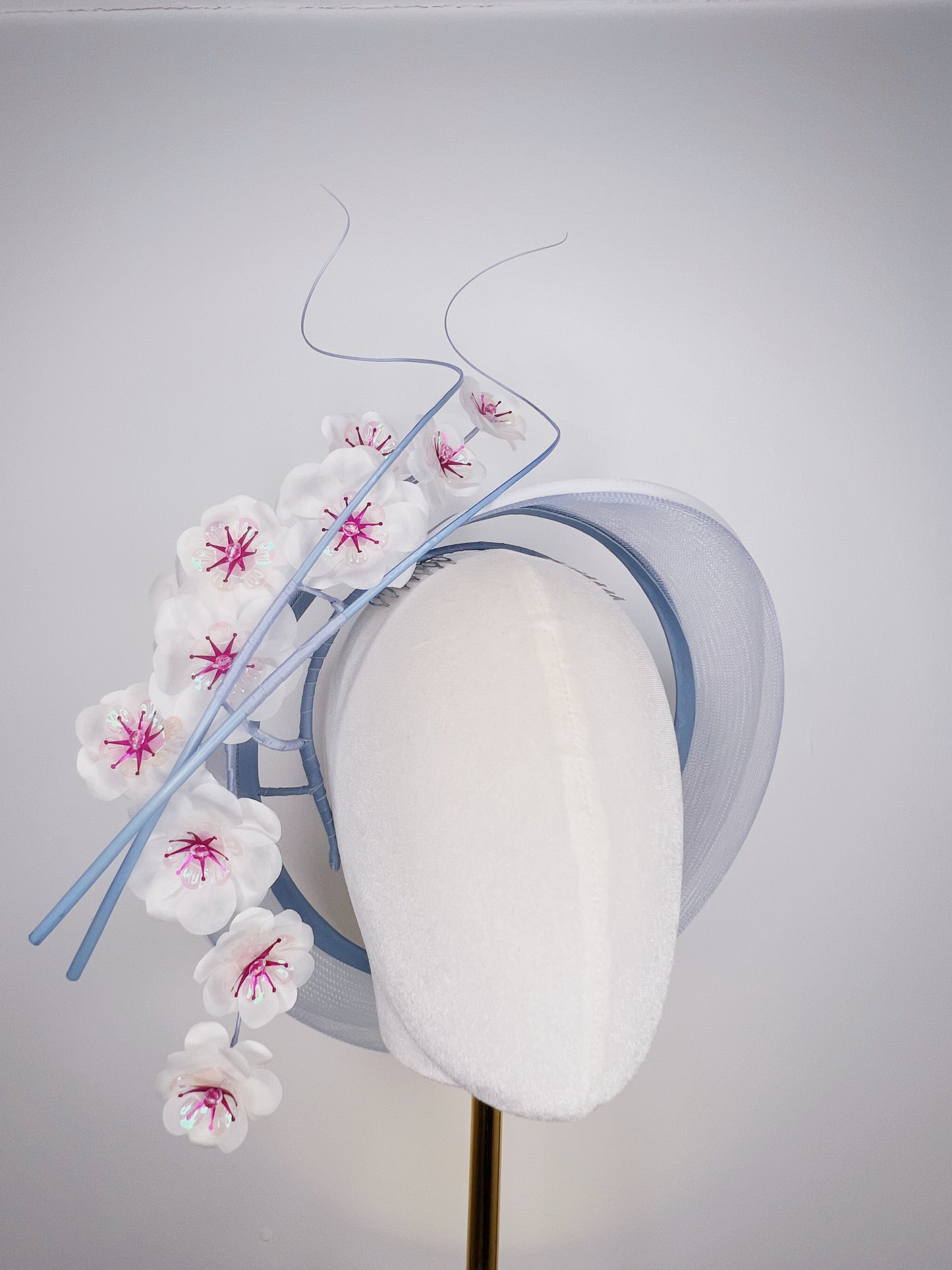 Blossoms in the breeze - Hand-tooled silk cherry blossoms on a crinoline wraparound headband