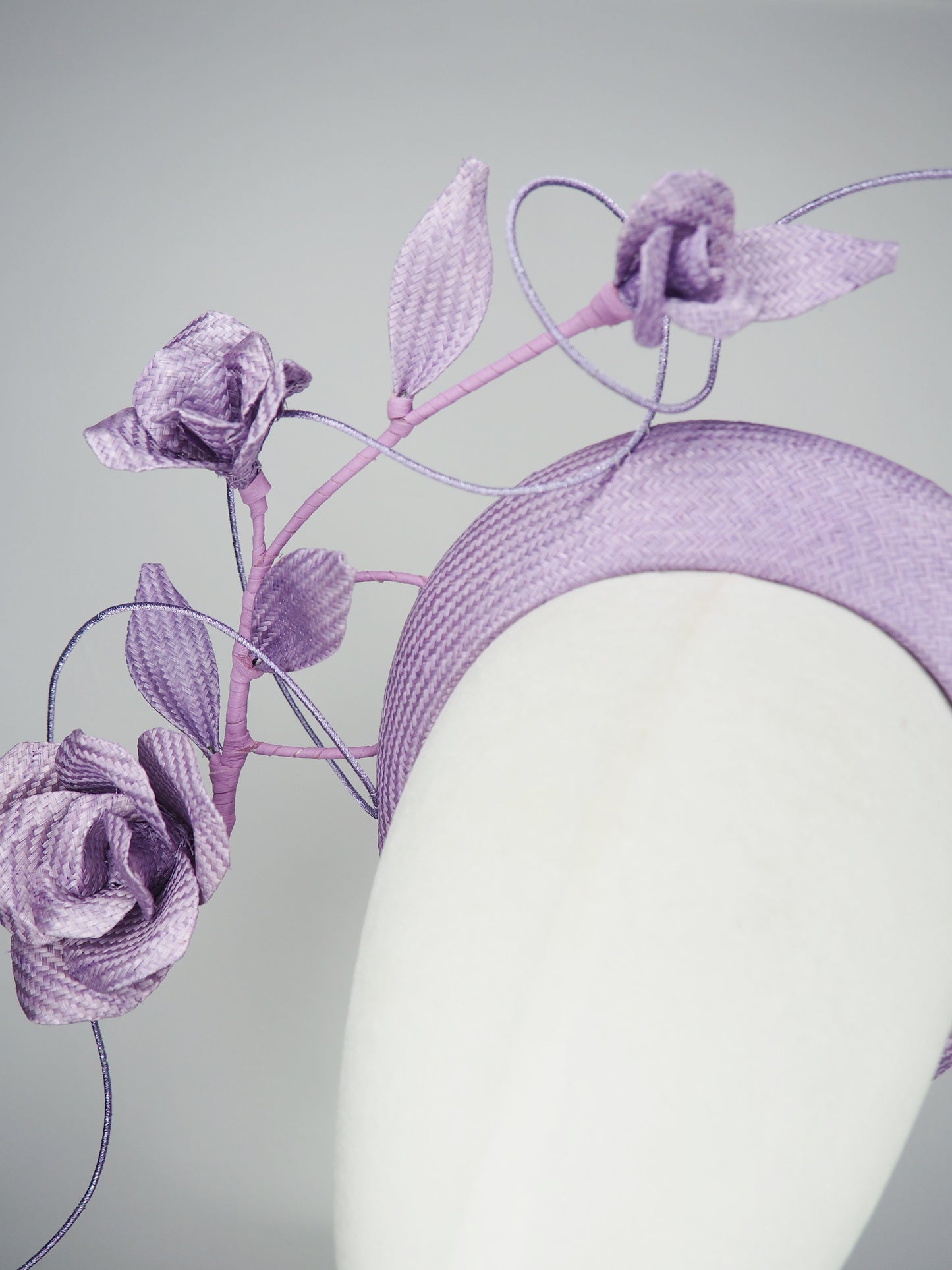 Lilac Bloom - A hand-dyed lilac headband blooming with sculptural roses and metallic swirls.