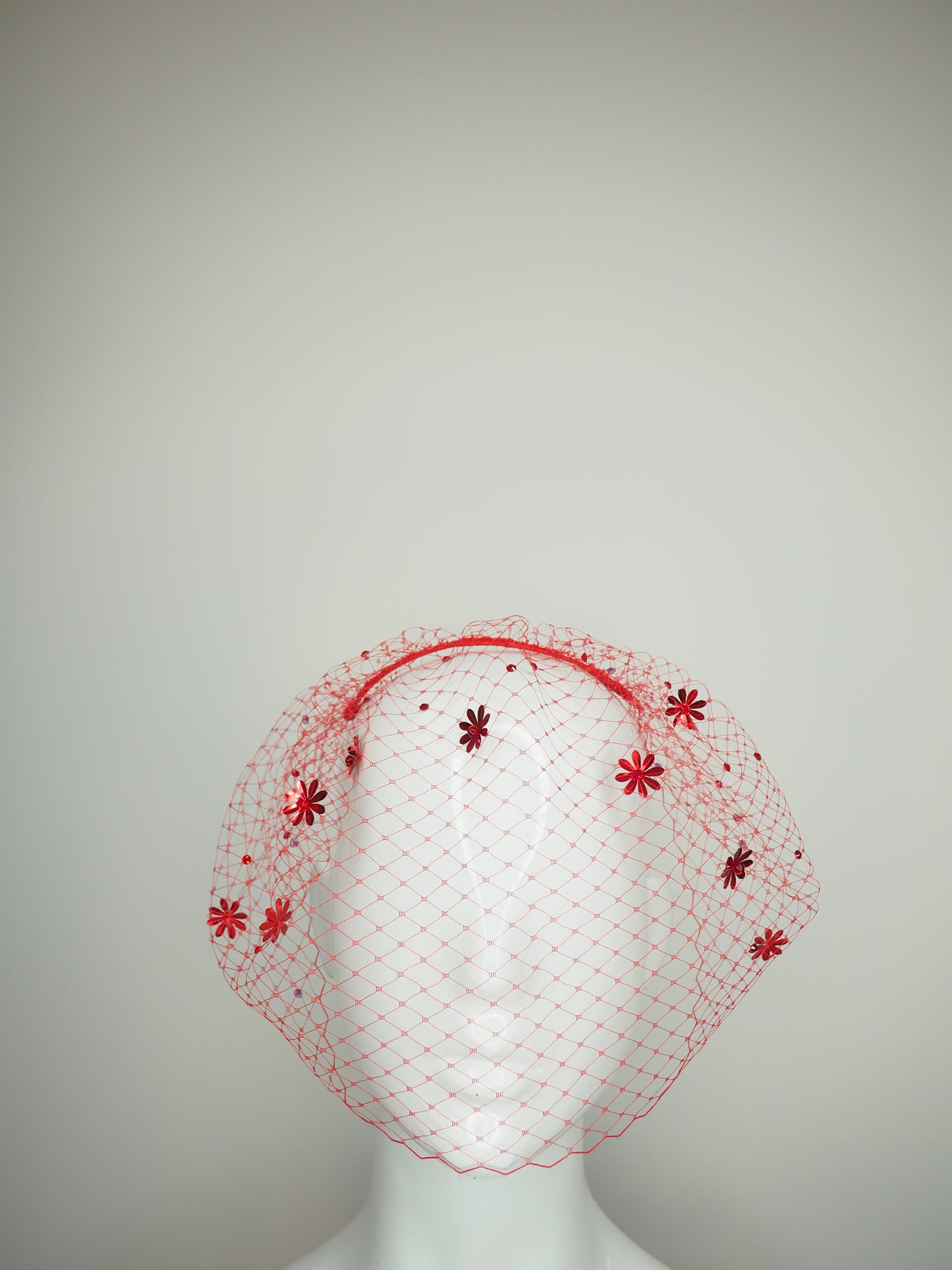 Blushing Bride - Red vintage straw pillbox with beaded sequin flower detail and crystal veil